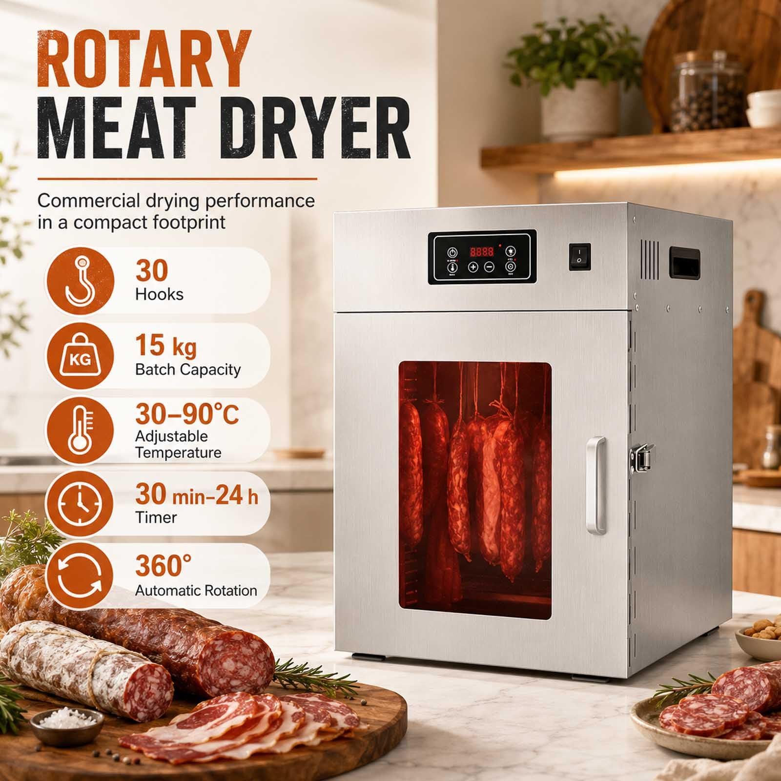 Dry Ager Reifeschrank Für Fleisch Und Wurst, Edelstahl Trockenschrank Für Fleisch Mit Led-Steuerung, 14/30 Haken, 30-90°C, 24h Timer, Biltong Box Für Wurst, Speck, Fisch Und Rindfleisch 15KG