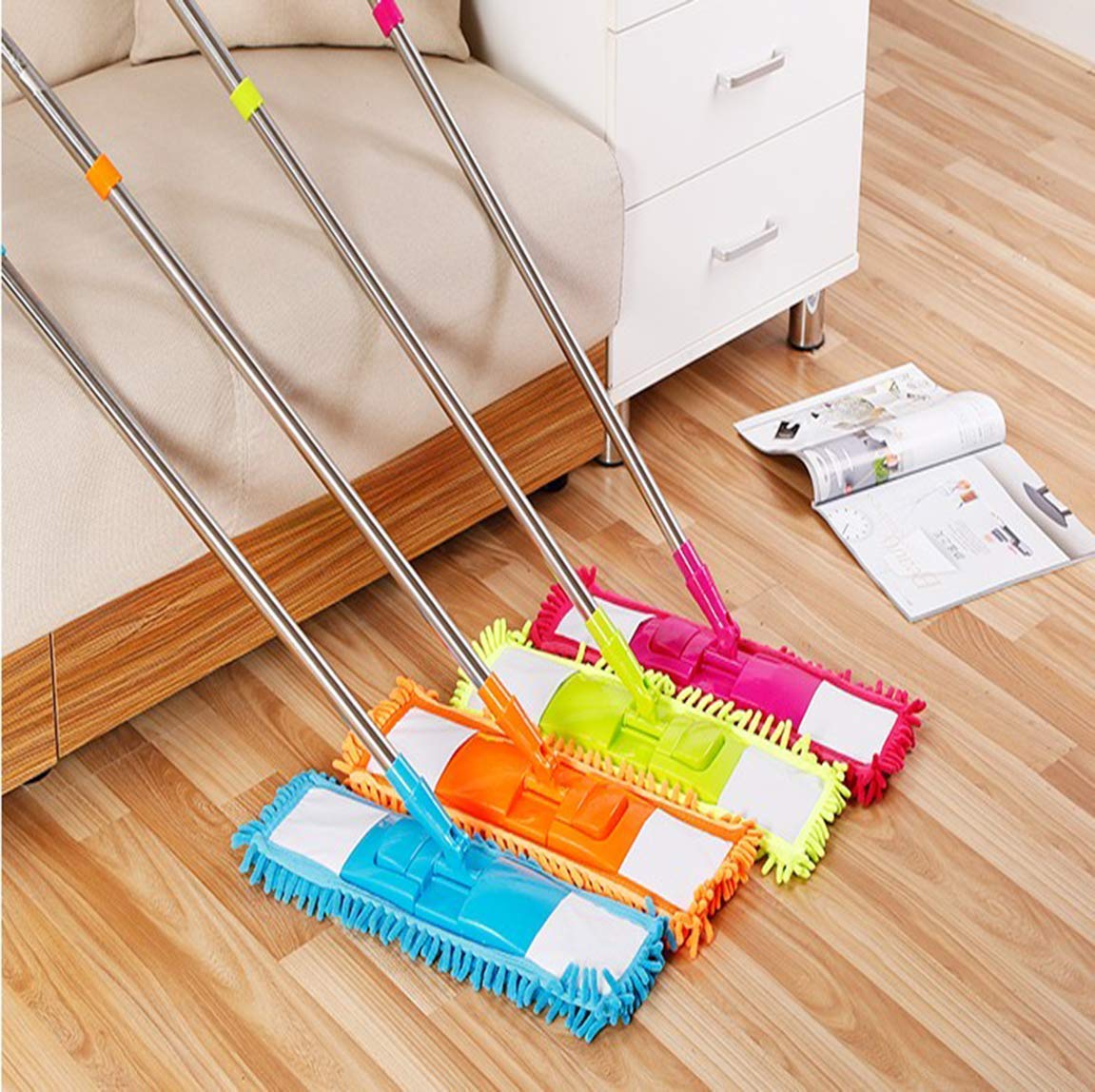 Piyuda Corporation Wet and Dry Cleaning Flat Microfiber Floor Cleaning Mop with Telescopic Long Handle Dry Mop, Standard (Multicolour)