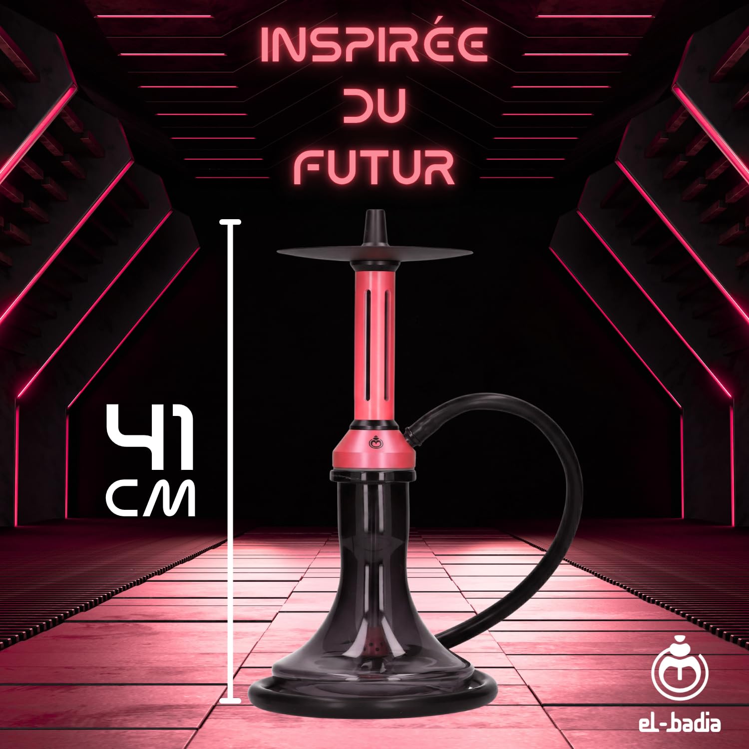 EL-BADIA® Fusion Cachimba – 46 cm – Gran Cachimba Moderna de Aluminio con Base de Vidrio, Difusor Extraíble, Purga 360°, Manguera y Cazoleta de Silicona – Shisha Premium – Set Completo (Pink)