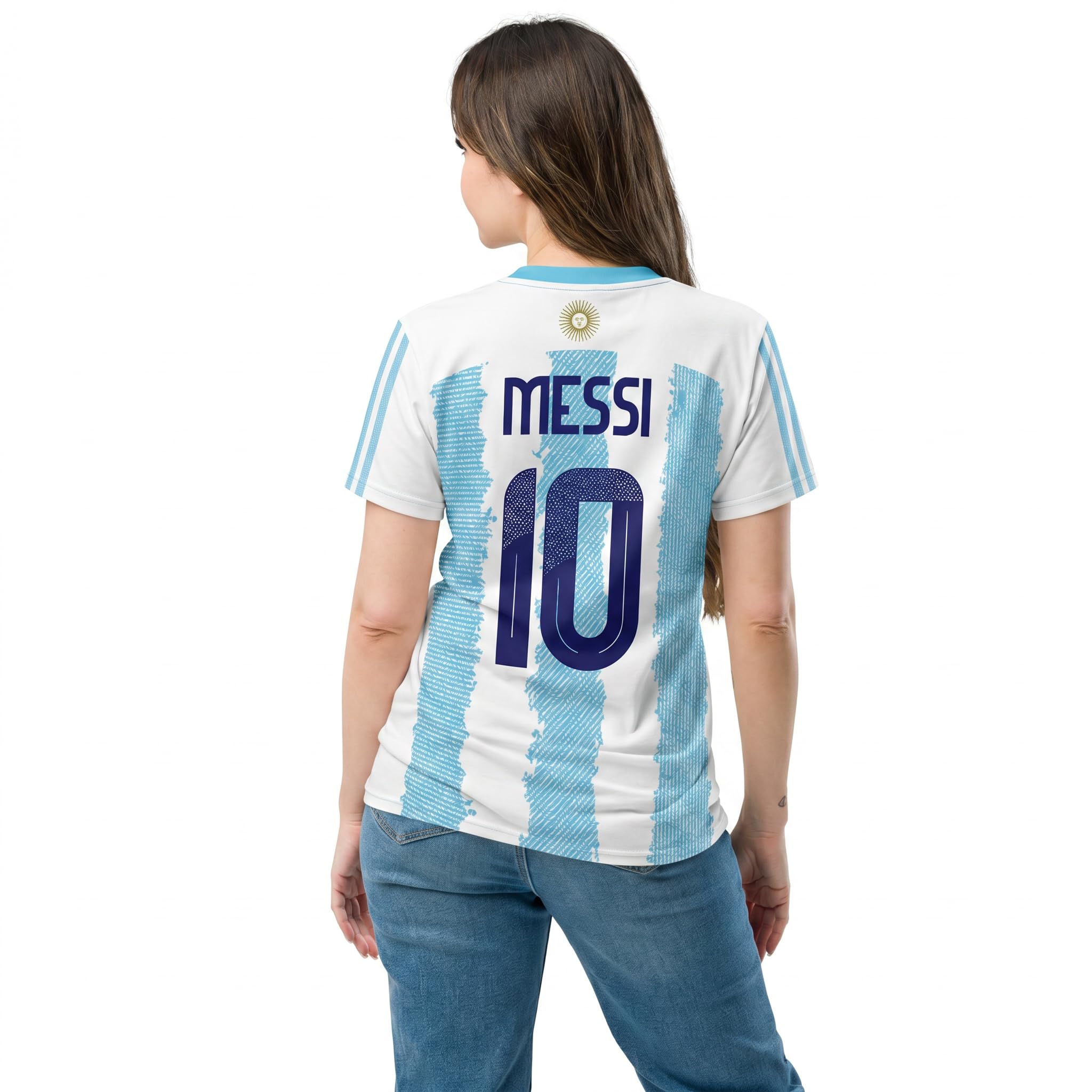 Lionel Messi & Argentina. Camiseta Deportiva, de fútbol. Estilo Deportivo. Unisex. 100% Interlock. Diseño de fantasía. Somos Sportivo Maglietta. CAM0092.