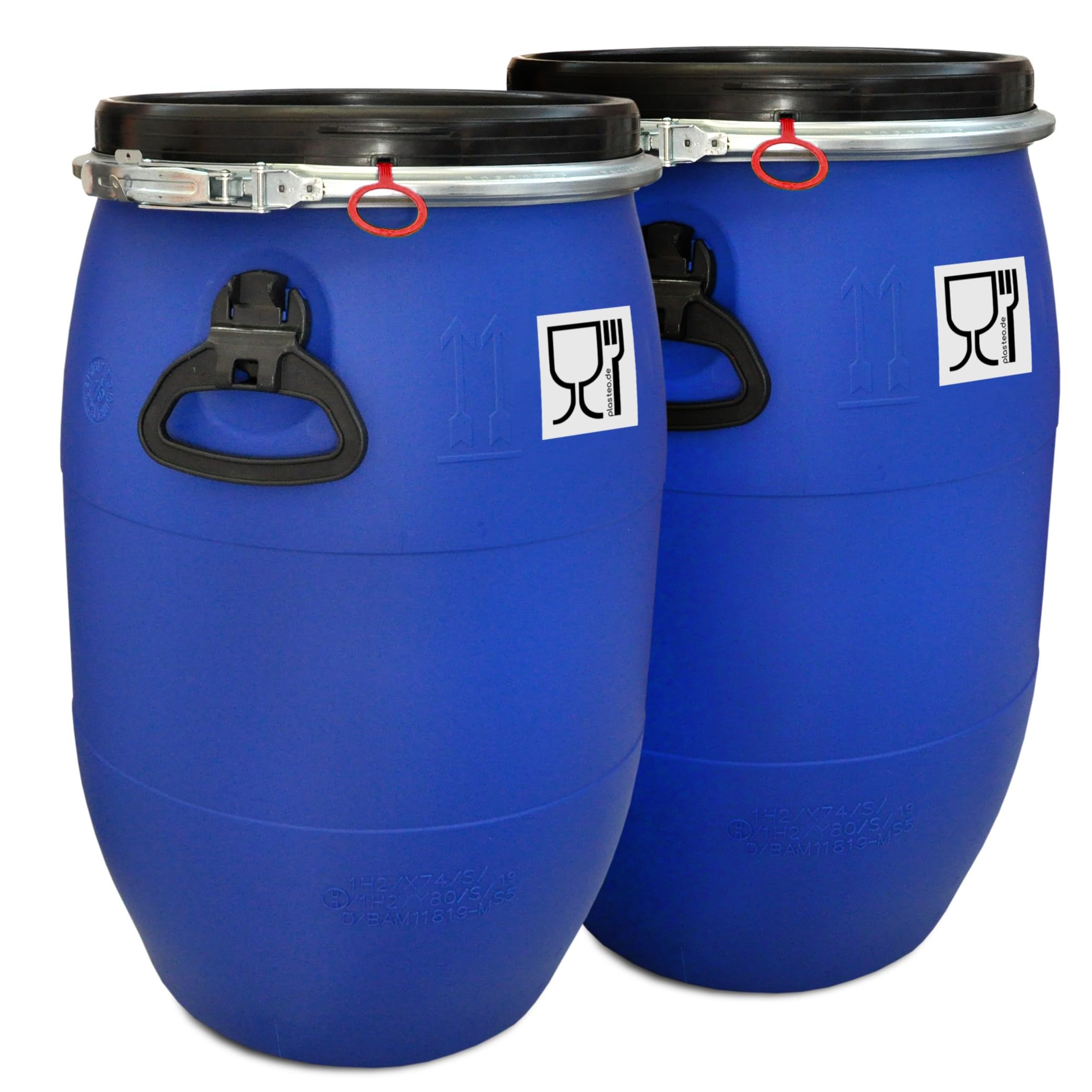 plasteo® 2 Stück: 60 L Weithalsfass mit Spannverschluss | 100% Lebensmittelecht | Universalfass | Futtertonne | Regen Maische Tierfutter Trinkwasser Camping Lagerfass | Stapelbar | Blau