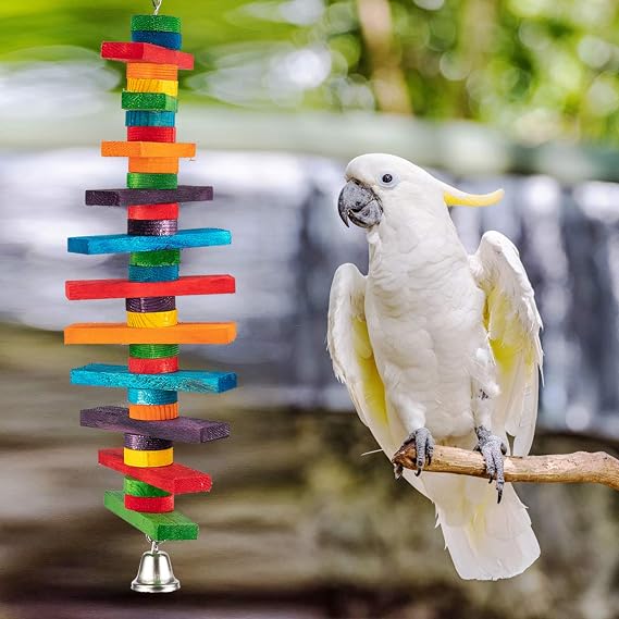 MEWTOGO 2Pcs Bird Toys, Parrot Toys with Multicolored Natural Wooden Blocks | Bird Chewing Sticks Toys, for Conures Parakeets Cockatiels Lovebirds African Grey Macaws Amazon Parrots Gift