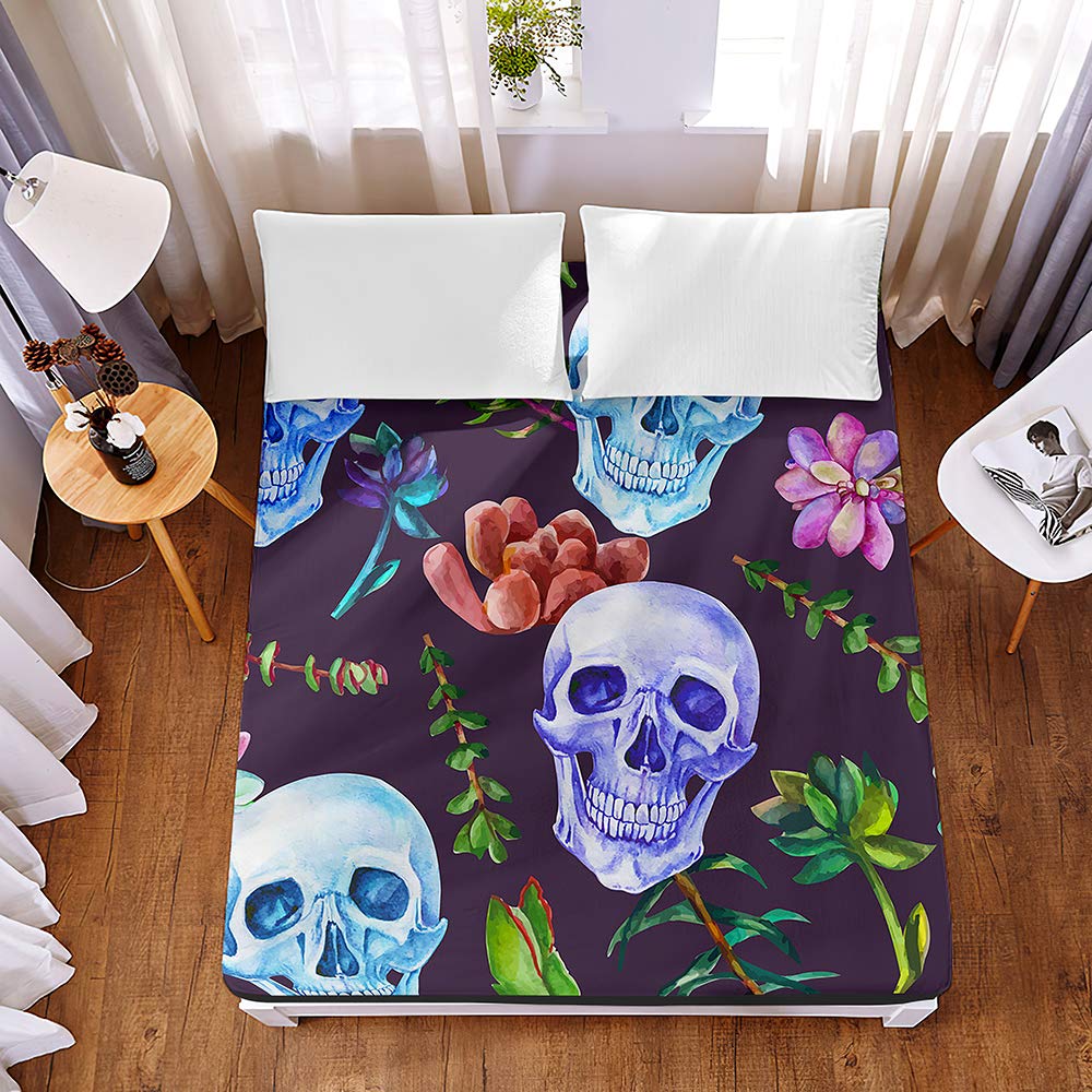 Drap housse 3d crâne avec poche profonde 30cm pour grand matelas deux places