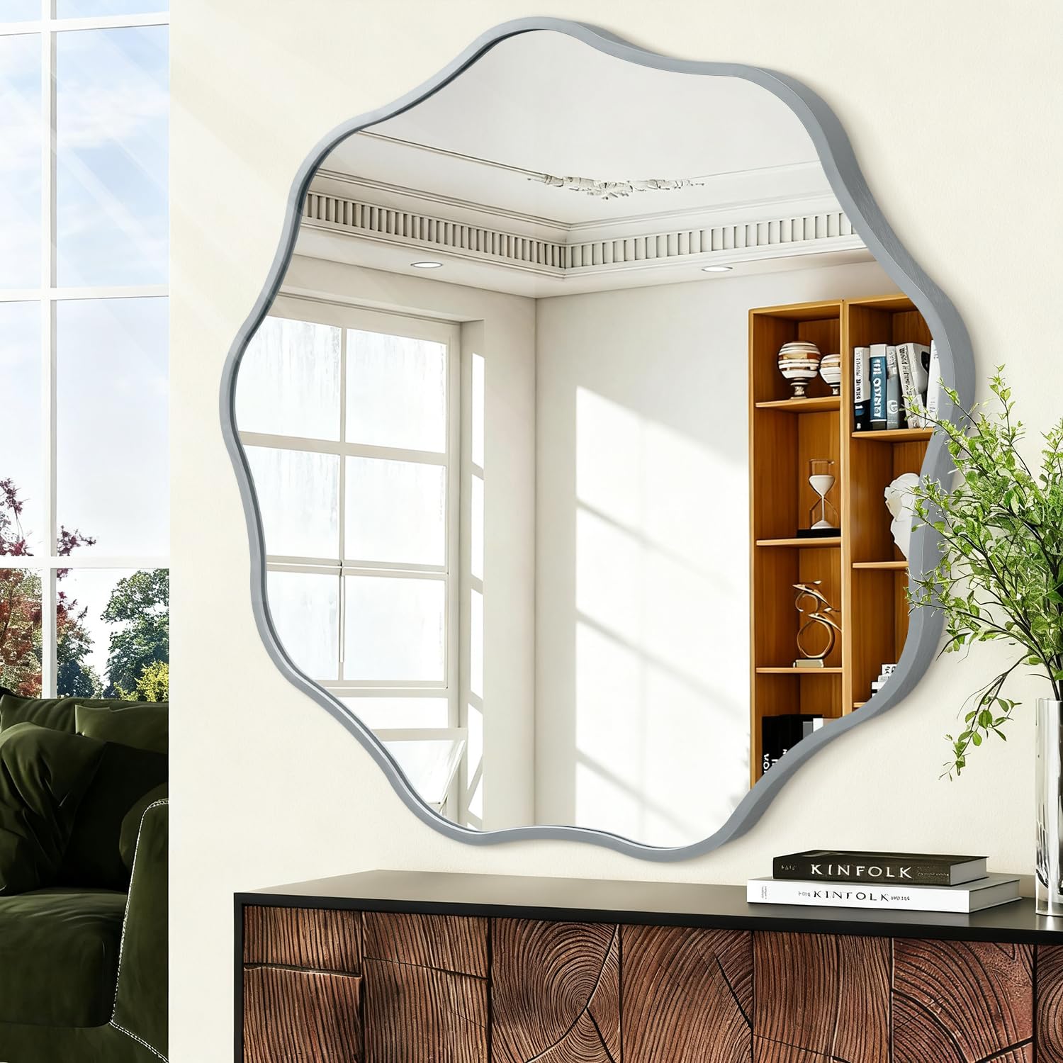 HLFMVWE Round Wavy Wall Mirror, Circle Decorative Mirror with Modern Metal Frame for Bathroom Living Room Bedroom Entryway Hallway Home Decor 28'' Gray Large