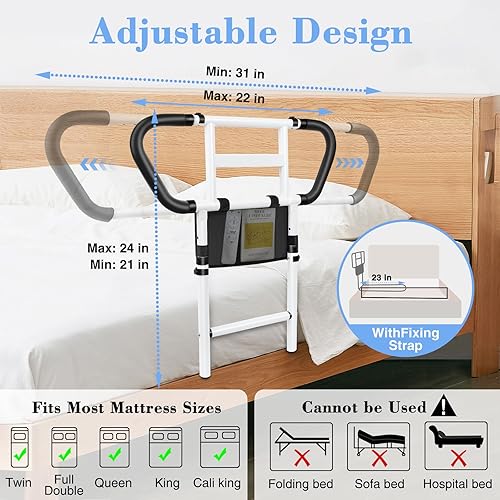 Miniatura 3 de Rieles de cama para adultos mayores: Rieles de asistencia de cabecera ajustables con bolsillos de almacenamiento, asas antideslizantes, luz