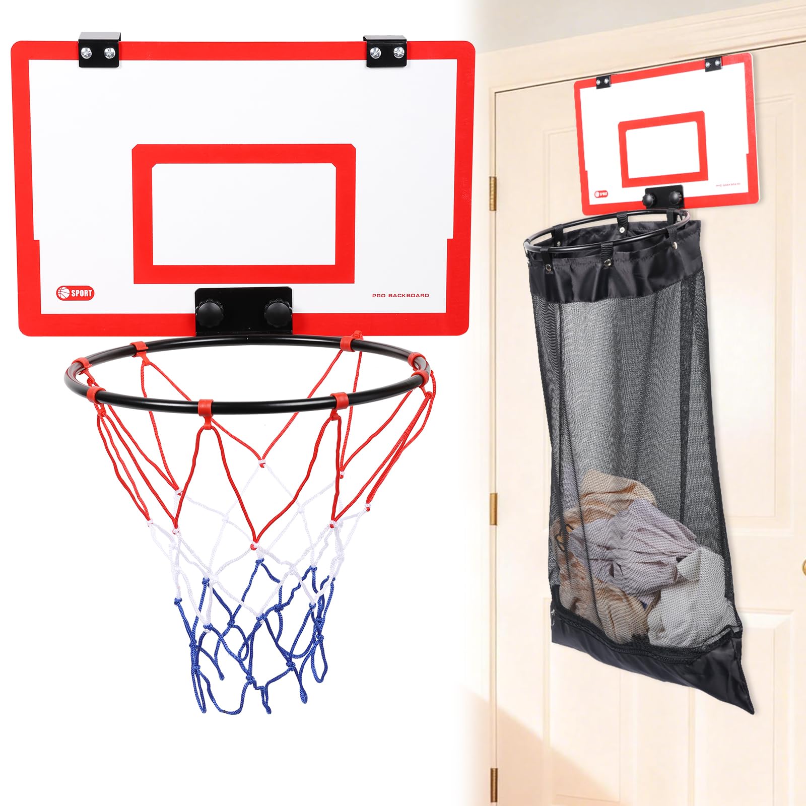VAVPUP 2-in-1 Over the Door Basketball Laundry Hamper and Basketball Hoop,Durable Hanging Sports Laundry/Clothes Basket with Hoop and a Bottom Zipper for Kids Teen Bedrooms,Dorm Rooms,Bathroom(gules)