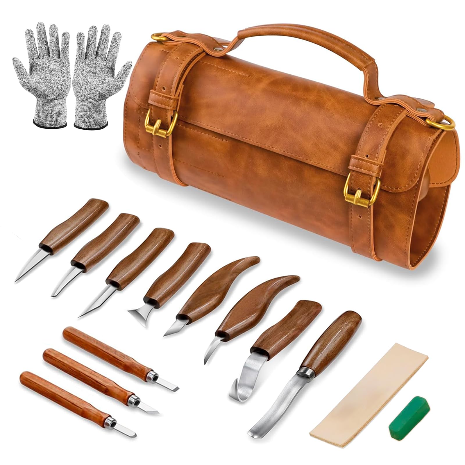 Sculpture Bois Kit, 15 in 1 Pack Outils Deluxe contiennent des Couteaux à Tailler, Gouge a Bois, Gants, Pâte à Polir, un Sac en Cuir, pour Débutants/Professionnels