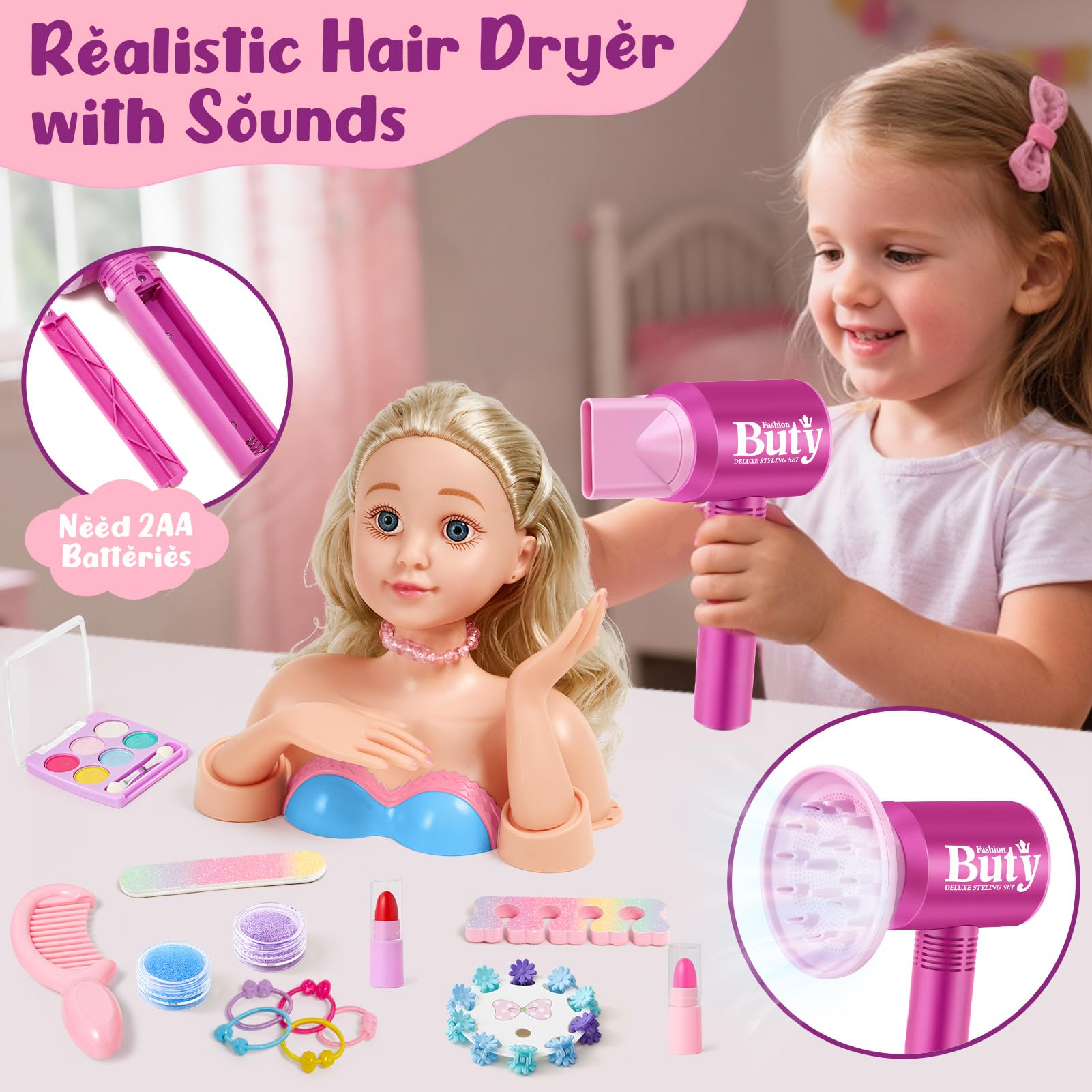 G.C Schminkpuppe Frisierkopf für Kinder Mädchen Spielzeug mit Schminkkopf Haartrockner Nagellack Kinderschminke Friseur Zubehör, Puppenkopf zum Frisieren und Schminken Geschenk Mädchen 3 4 5 6 Jahre