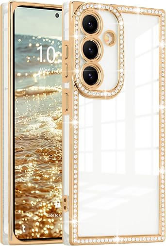 Clear Glitter Phone Case for Samsung Galaxy S25/S24, Girl Luxury Sparkly Rhinestones Soft TPU Plating Rectangle Edge Camera Protection Transparent Shockproof Cover for Women, Gold