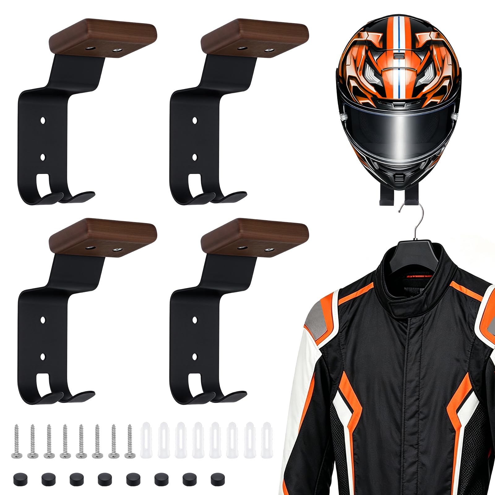 Support mural pour casque de moto multifonctionnel en lot de 4 pièces avec crochets pour clés