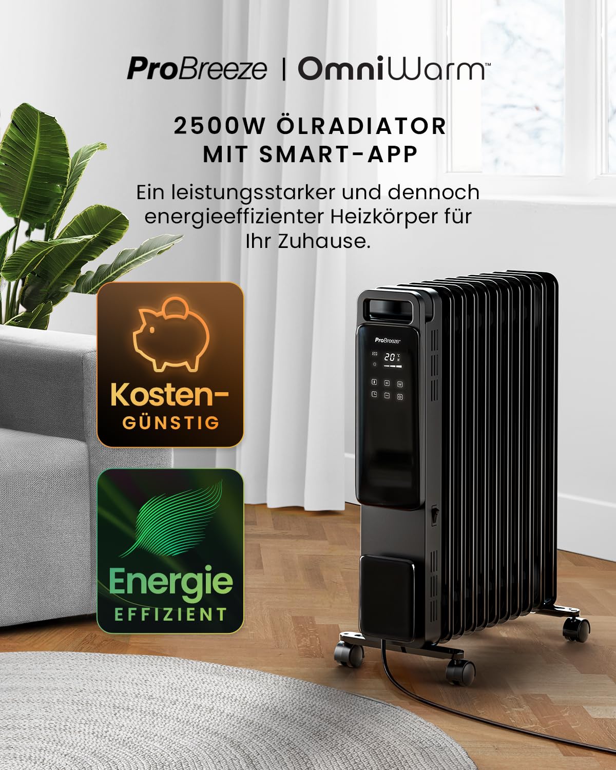 Pro Breeze 2500W Ölradiator mit 11 Lamellen, Smart Heizung elektrisch - Ölradiator energiesparend, 3 Heizstufen, Einstellbares Thermostat, WLAN, 24h Timer, Touch Display & Sicherheitsabschaltfunktion