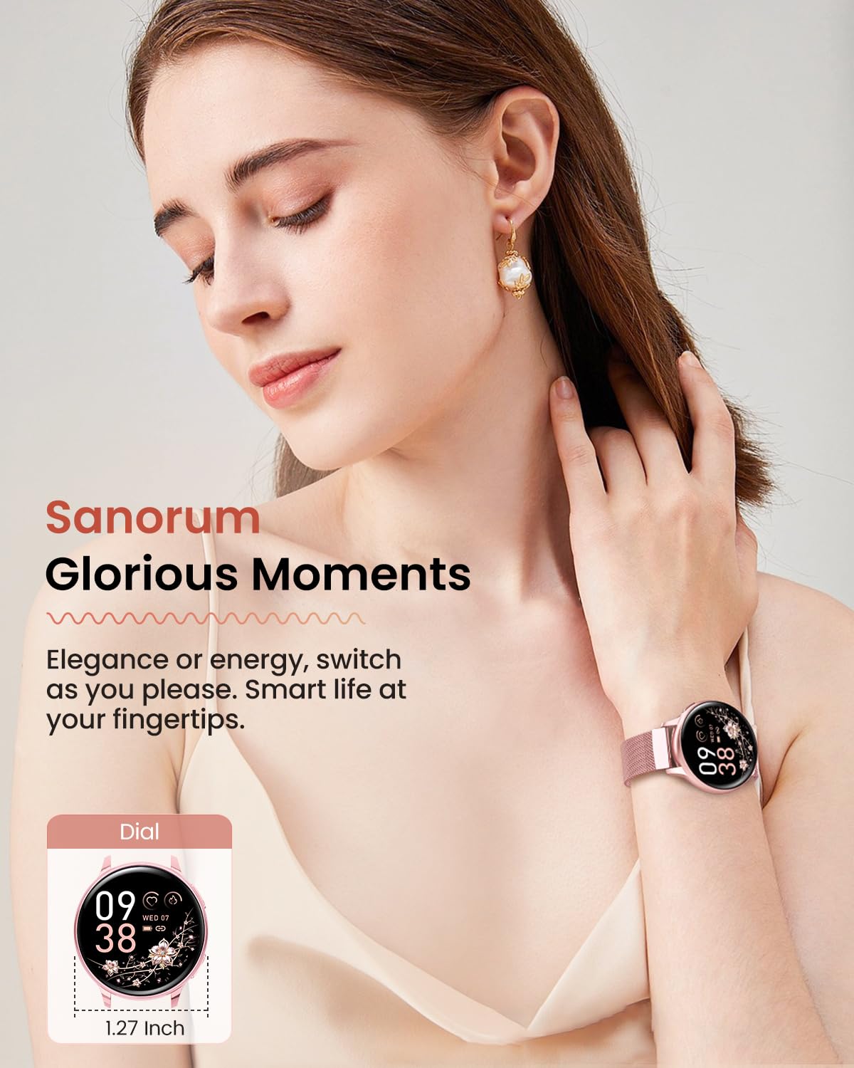 Sanorum Smartwatch Donna, 1.27” Orologio Smartwatch con Chiamata Bluetooth, Fisiologia Feminile, 120+ Sport, 24H Frequenza Cardiaca SpO2 Sonno, IP68 Impermeabile, Smart Watch per Android iOS Rosa