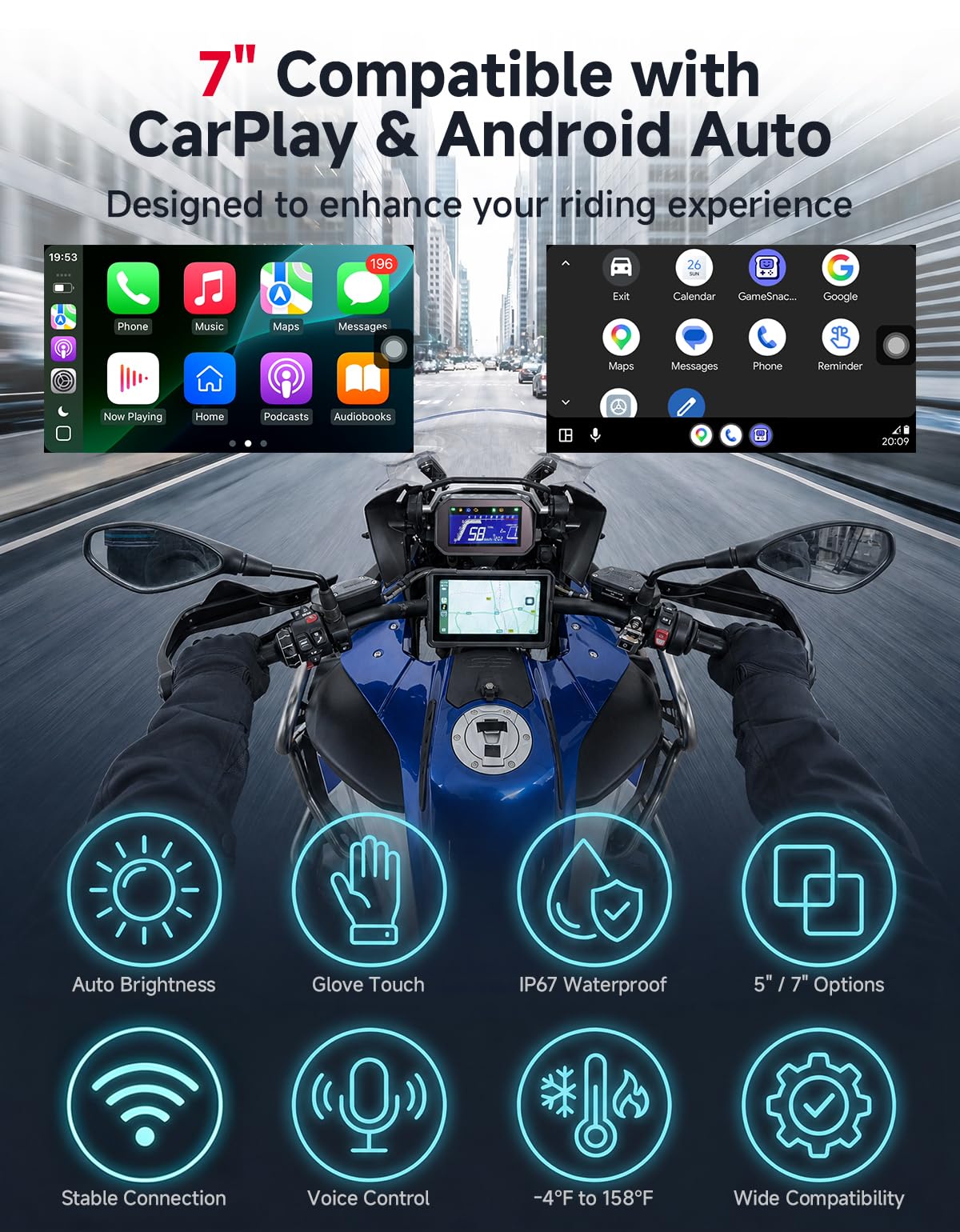 KEMIMOTO Motorrad Carplay Display 5 Zoll, Wireless Apple Carplay & Android Auto, Wasserdicht IP67 Motorrad Navi, Handschuh Bedienung, Automatische Helligkeitsanpassung, HD-Farbdisplay