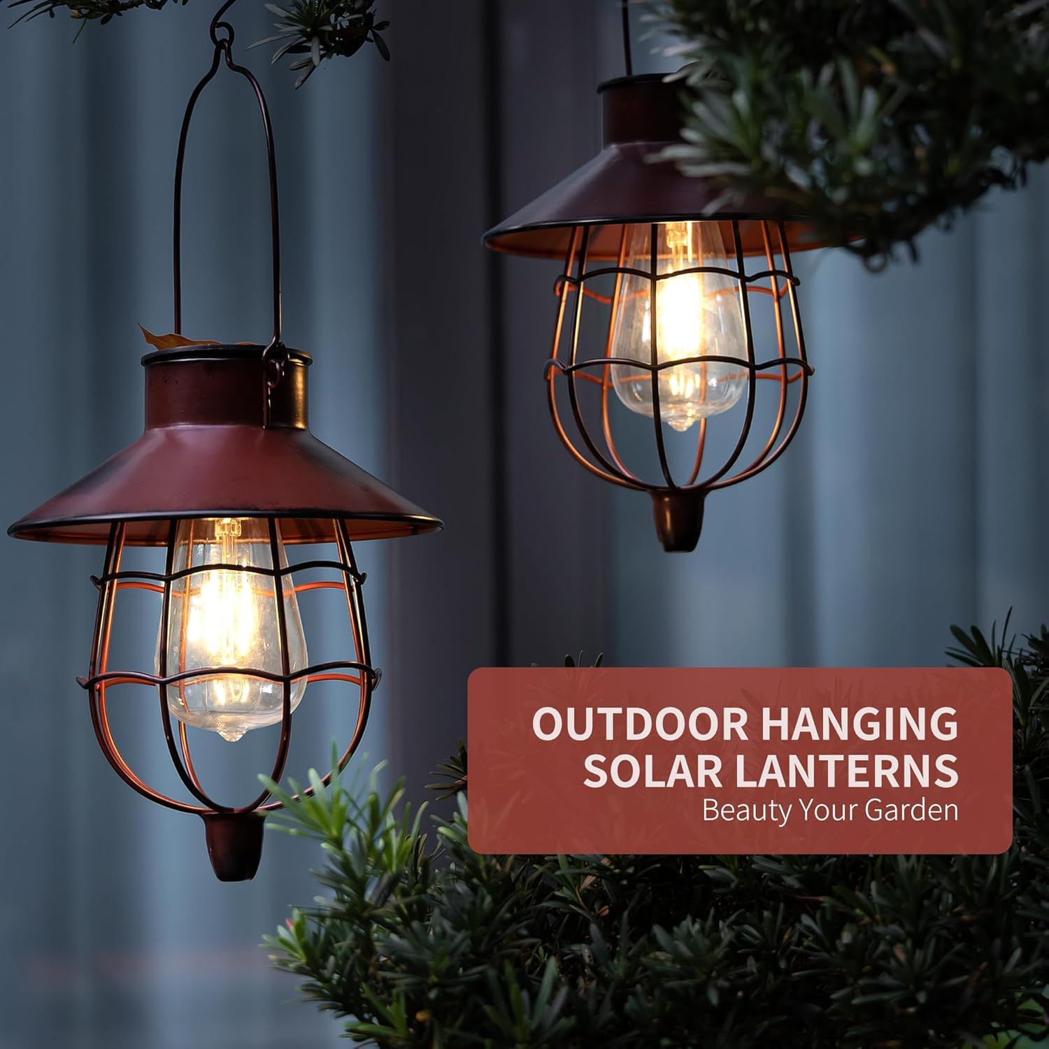 Paquete de 4 faroles solares impermeables para exteriores, lámpara colgante solar de metal con bombilla blanca cálida, diseño para decoración de jardín, patio, patio