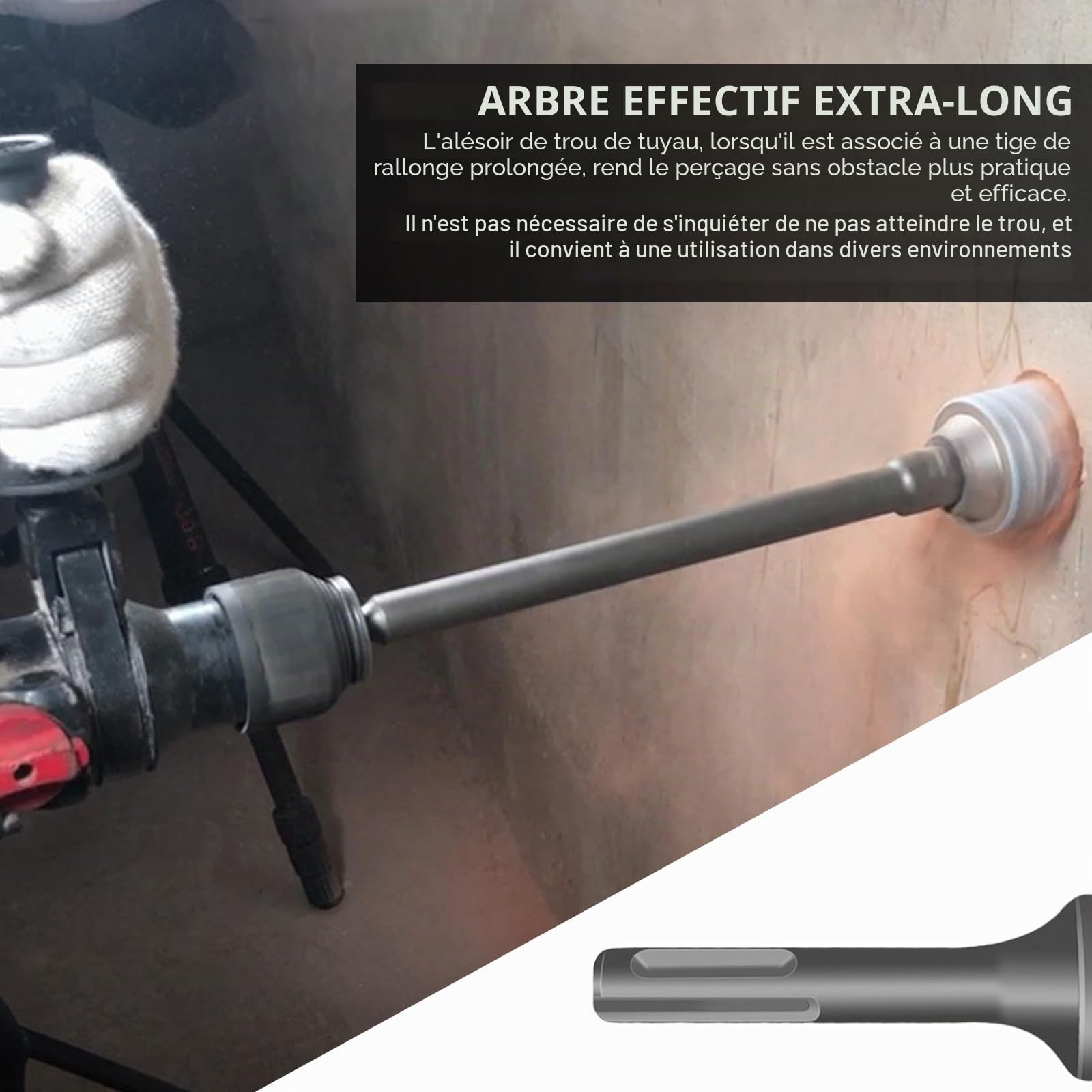 PORFOYO, Tige d'extension pour couronnes, 410 mm, SDS Plus, M22 x 2,0 mm, foret de centrage, vis de fixation