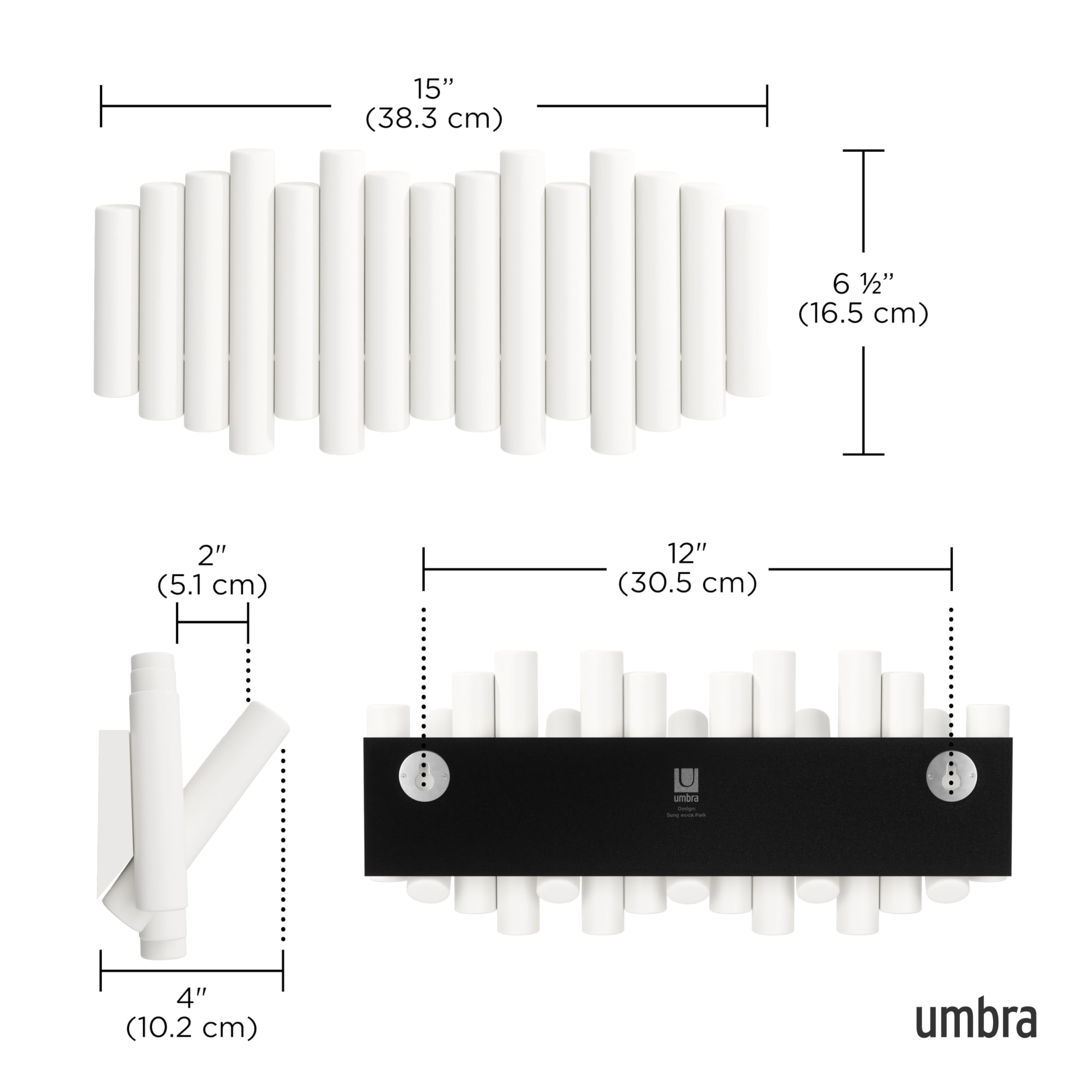 Umbra Picket Wall-Mounted Coat Rack Rail Hook with 5 Retractable Wood Pegs - Modern, Space-Saving Storage Organizer, White - Image 3
