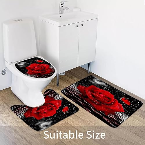 Miniatura 5 de ALEXEX Juego de 4 cortinas de ducha con rosas rojas, juego de baño de cielo negro con cortina de ducha y alfombras y accesorios, cortina de ducha