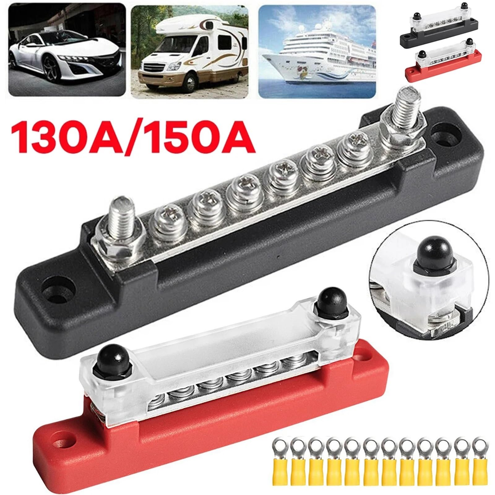 Bloque de distribución energía 6 vías, barra colectora, bloque terminales coche, negativa, 300V CA/48V CC 130A CA/150A for caravana, camión, barco para Coches, RV, Barcos(Black)