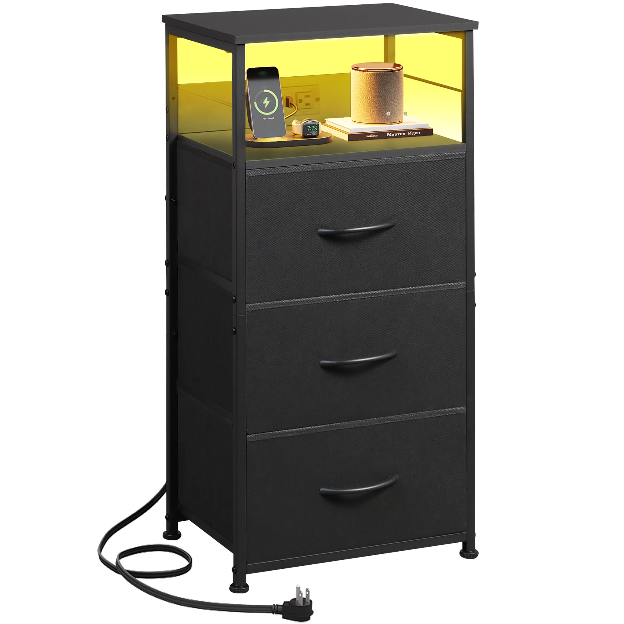WLIVE LED Nightstand with Charging Station, Black Night Stand with 3 Fabric Drawers and Storage Shelf, Small Dresser for Small Space, 31.9" H Bedside Table with USB Ports and Outlets for Bedroom