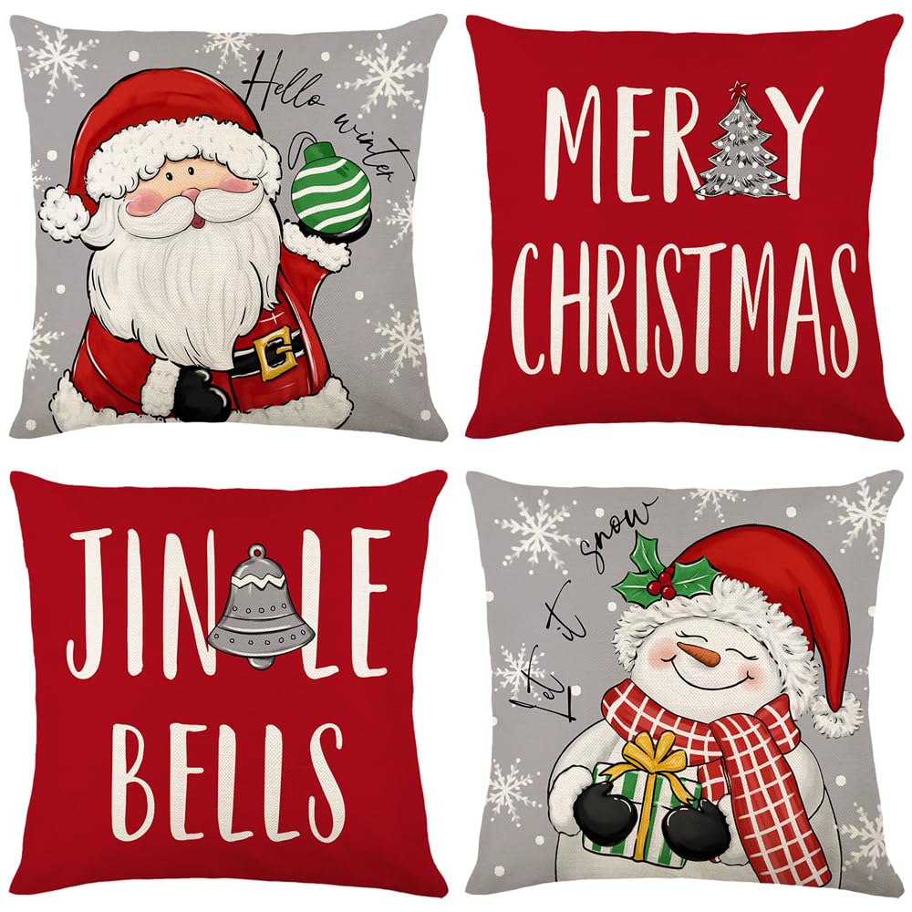 Christmas Cushion Covers Set of 4-45x45cm Red Linen Xmas Cushion Covers, Xmas Pillow Cases Decor with Snowman Santa Claus for Indoor Christmas Decorations, Xmas Sofa Bed Chair Living Room Decor