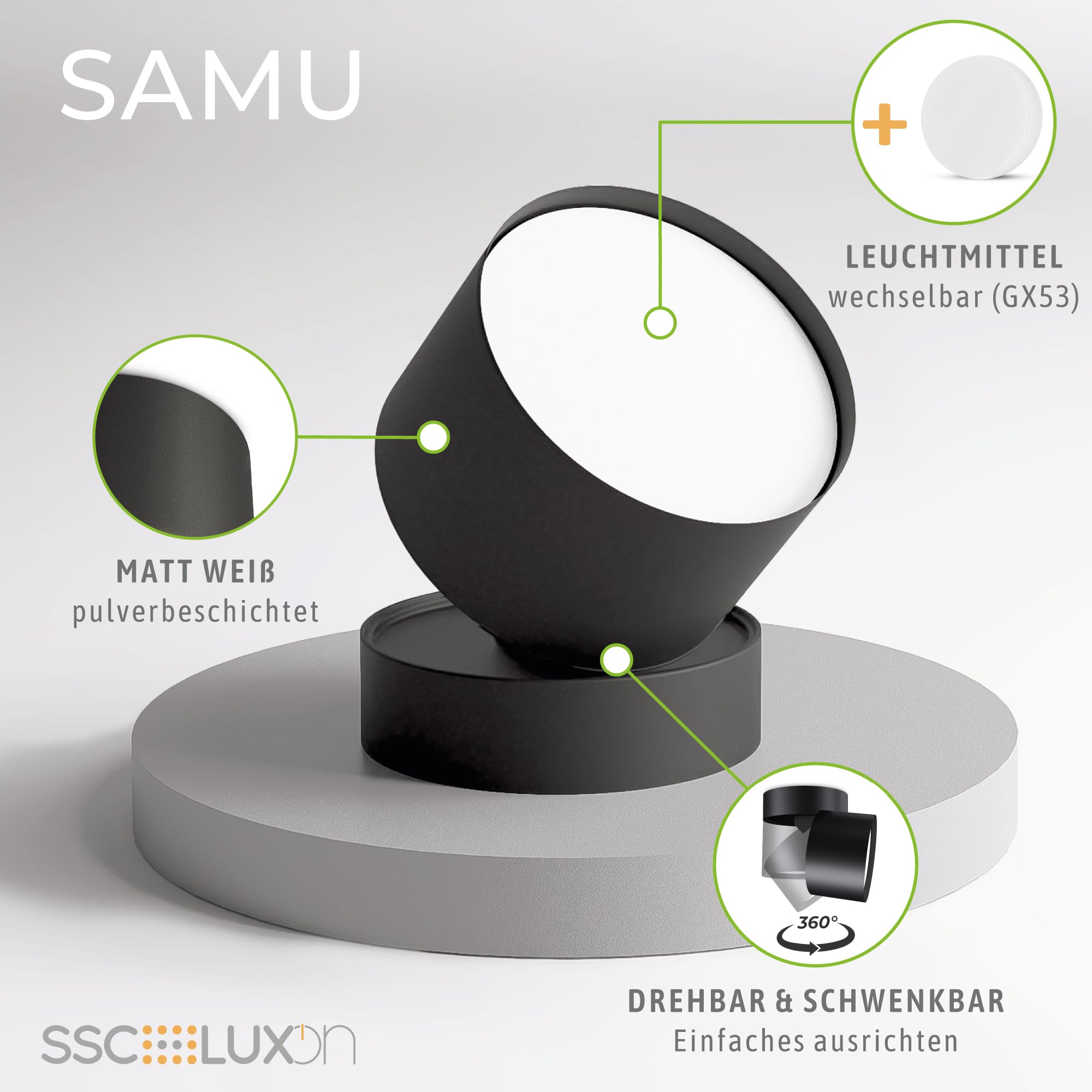 SSC-LUXon SAMU Aufbauspot 4er Set schwarz schwenkbar GX53 3W 3 Lichtfarben