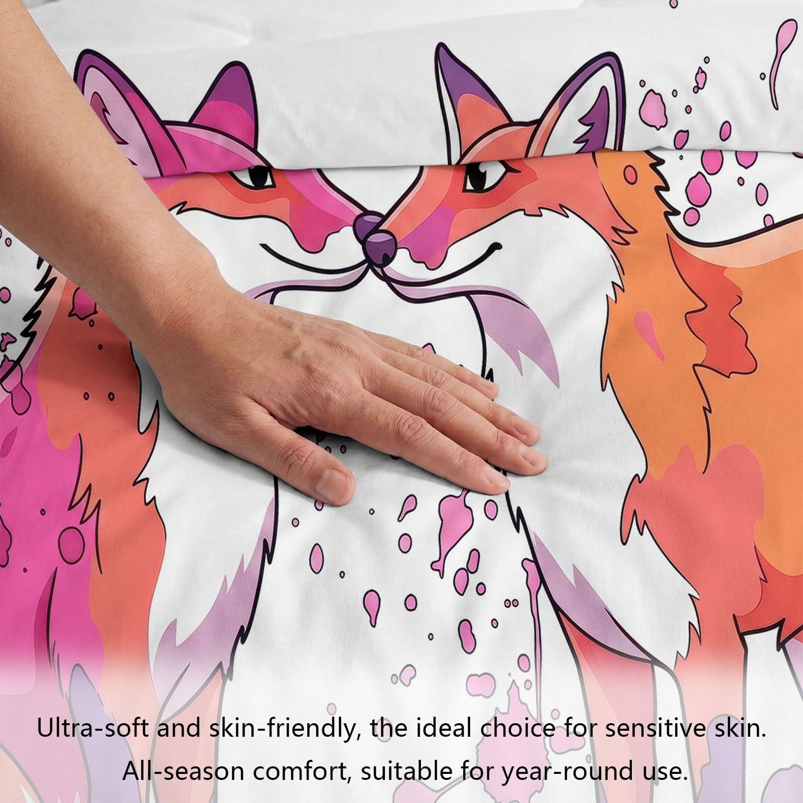 Generisch Bettwäsche Set 3-teilig 200 x 200 cm, Aquarell Kinderbettwäsche Mikrofaser mit Reißverschluss - Bettbezug Tiere Fuchs Herzform für Jungen Mädchen Weiß Bettwaren