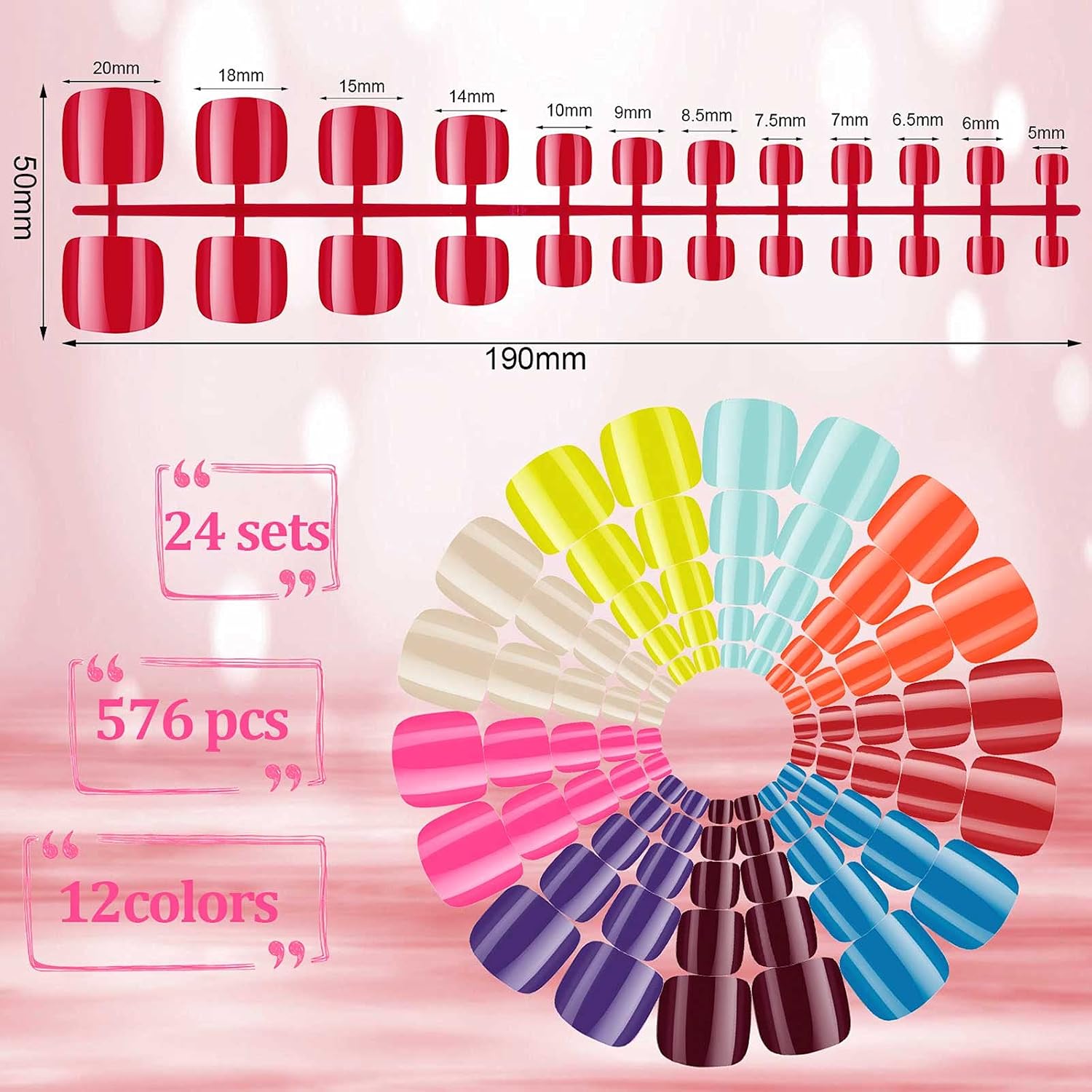 576 Pieces 24 Sets Short False Toenails Glossy Press on Toe Nails Short Square False Nail Solid Color Full Cover Square Fake Nails Colorful Artificial Nail Tips for DIY Nail (Fresh Colors)