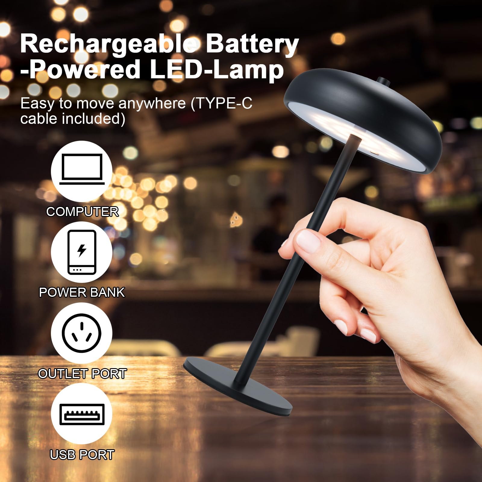 Lixada Lámpara de mesa LED inalámbrica, lámpara de mesa con batería, regulable y recargable con USB-C, lámpara de escritorio redonda, lámpara de seta y lámpara de mesita de noche, metal negro con