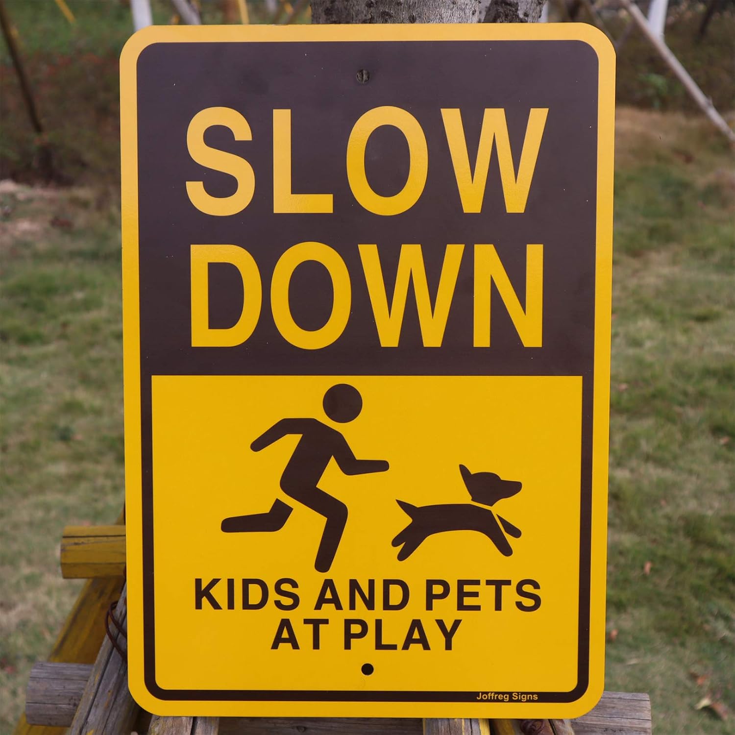 Joffreg Kids and Pets at Play,Slow Down Sign,17 x 12 Inches,Reflective Aluminum,UV Printed,Weather Resistant,Waterproof,Durable Ink,Easy to Mount,Outdoor Use (2 Pack)