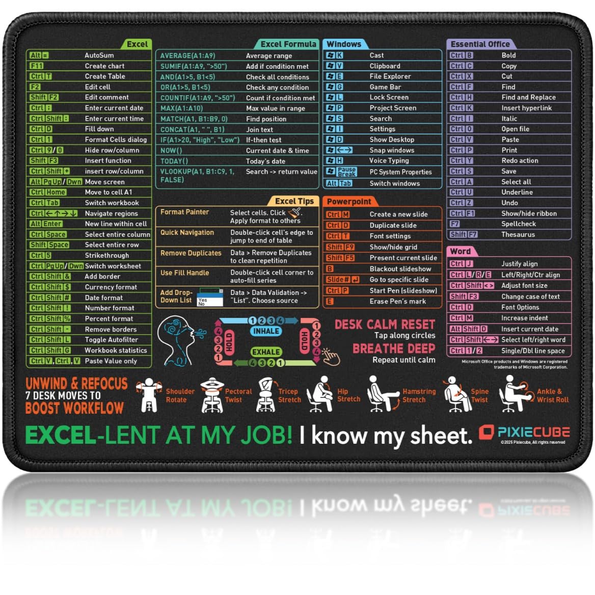 Pixiecube Excel Shortcut Mouse Pad with Windows, Word &amp; PowerPoint Shortcuts - Small Excel Cheat Sheet Desk Pad | Non-Slip Stitched Gaming Mousepad | Large Mouse Pads for Desk Computers &amp; Workstations