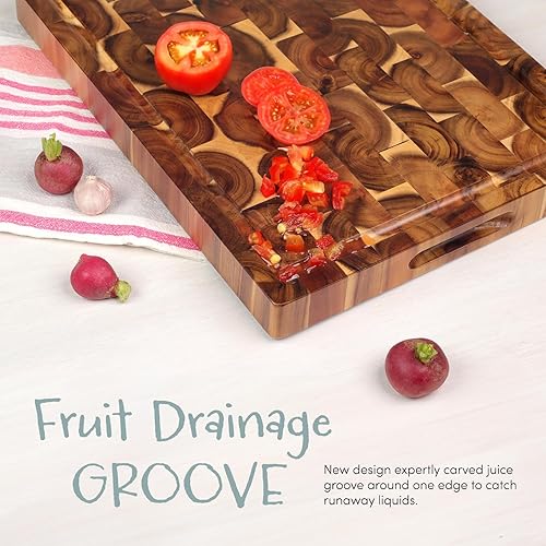 Miniatura 4 de Tabla de Cortar de Fibra Final de Acacia (17x13x1.5 pulgadas), Bloque de Carnicero - Tabla de Cortar Reversible Multipropósito con Ranura para