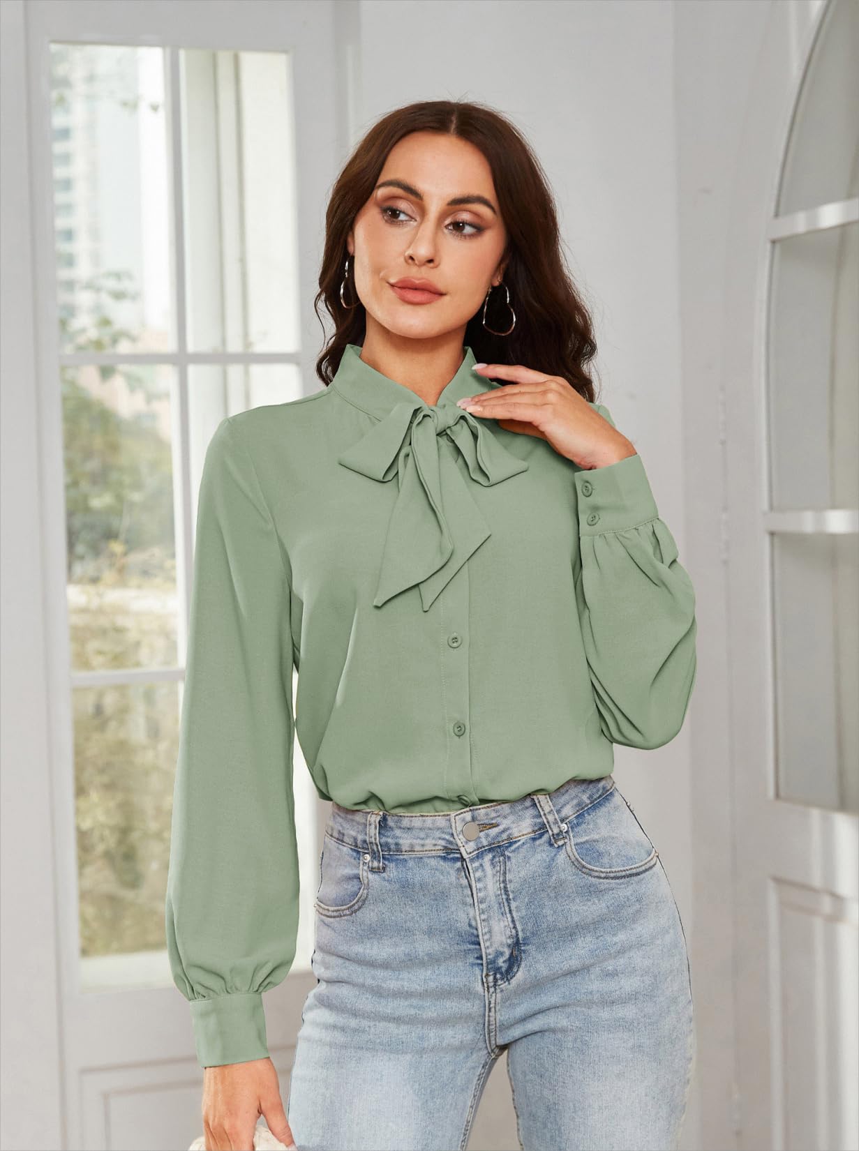 Kate Kasin Elegante Body da Donna Camicetta Decorazione con Fiocco Body A Maniche Lunghe Camicia da Lavoro per Ufficio Top Casual Verde Chiaro XL
