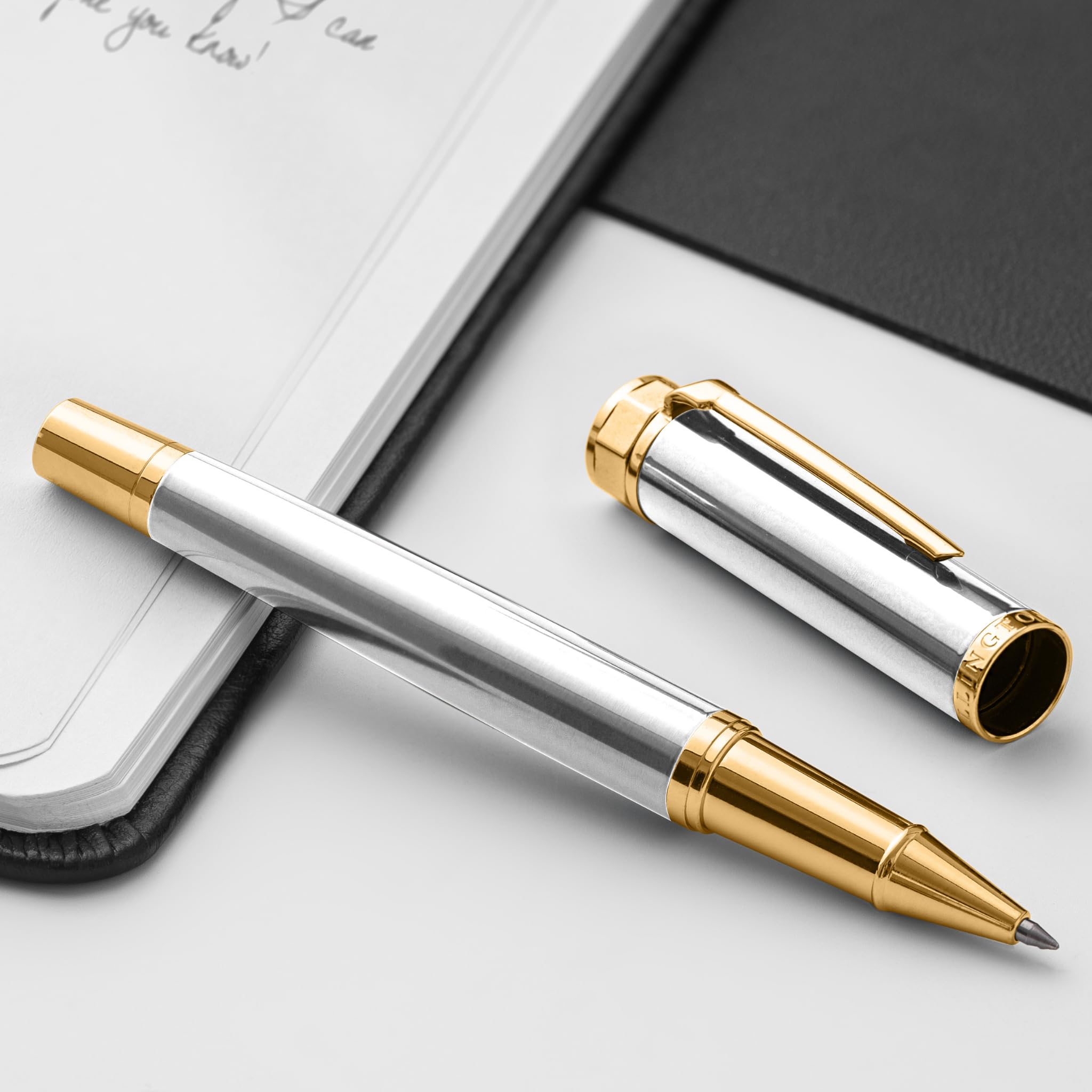 Ellington Pens Juego de bolígrafos de punta redonda de lujo, escritura suave, diseño elegante, secado rápido, tinta líquida recargable, 2 recambios (negro, azul), ideal para profesionales y