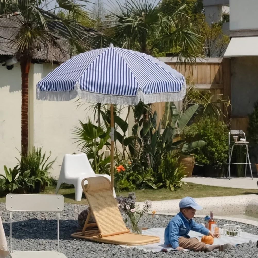 Parasol plażowy z frędzlami, UPF 50+, zewnętrzny parasol tarasowy z nachyleniem guzika, przenośny parasol ogrodowy na trawnik, podwórko, basen i podwórko