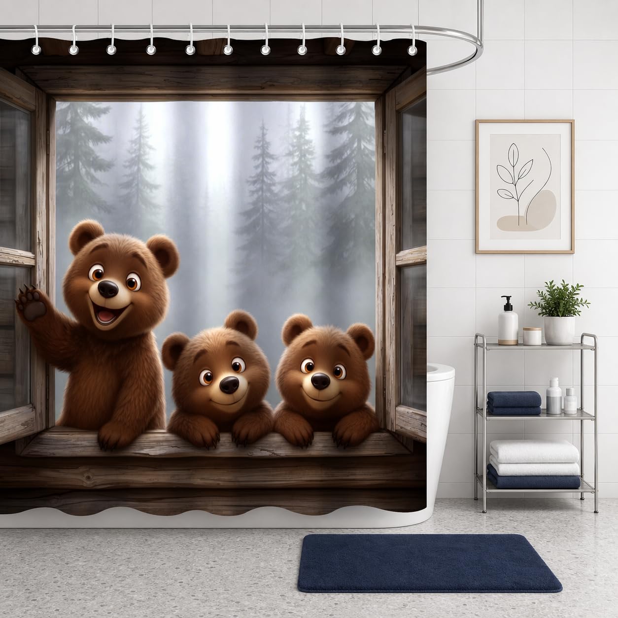 GleeWrap Cute Three Brown Bears Shower Curtain 180 * 180cm,Rustic Window Misty Forest Waterproof Polyester Bathroom Decoration for Kids, Woodland Animal Bath Curtain with 12 Plastic Hooks