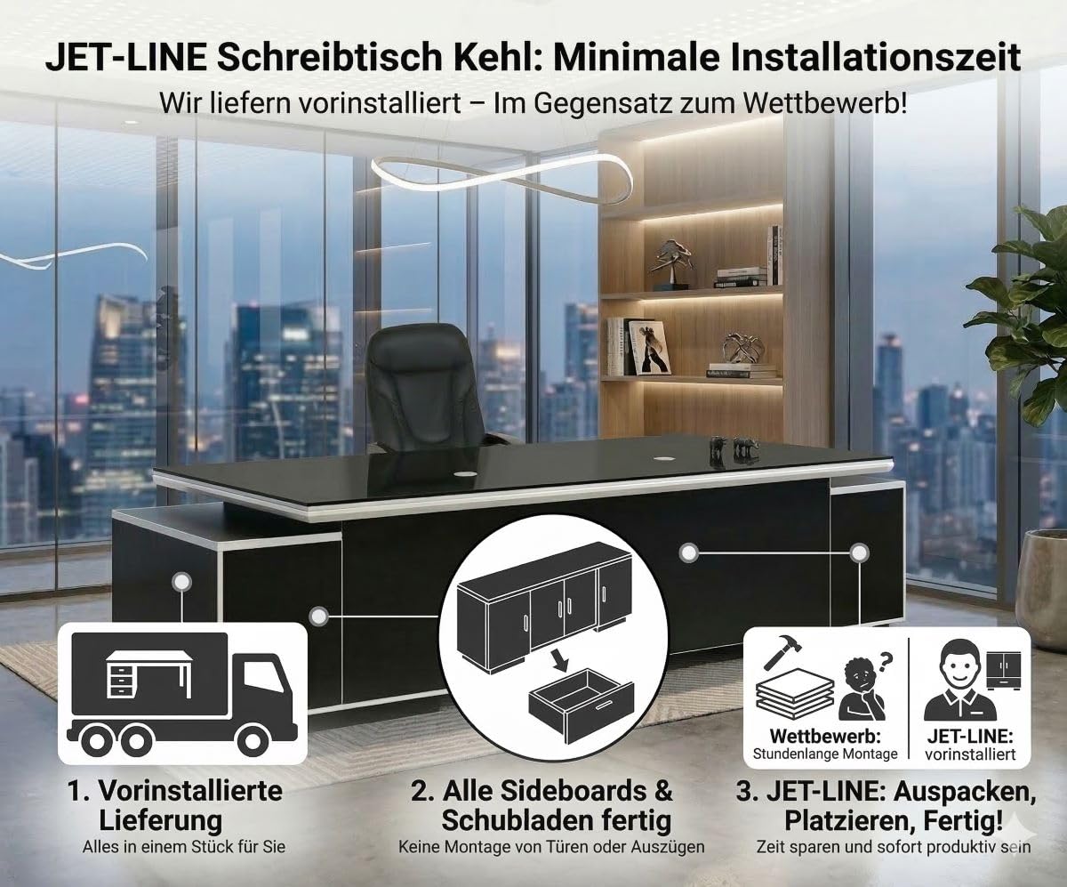 Jet-Line® | Büromöbel | Chef | 2.45 m Breit | Schreibtisch Kehl | schwarz | CPU-Fach | modern | groß | Büroausstattung | Schränke | Container | Schubladen | Sichtschutz