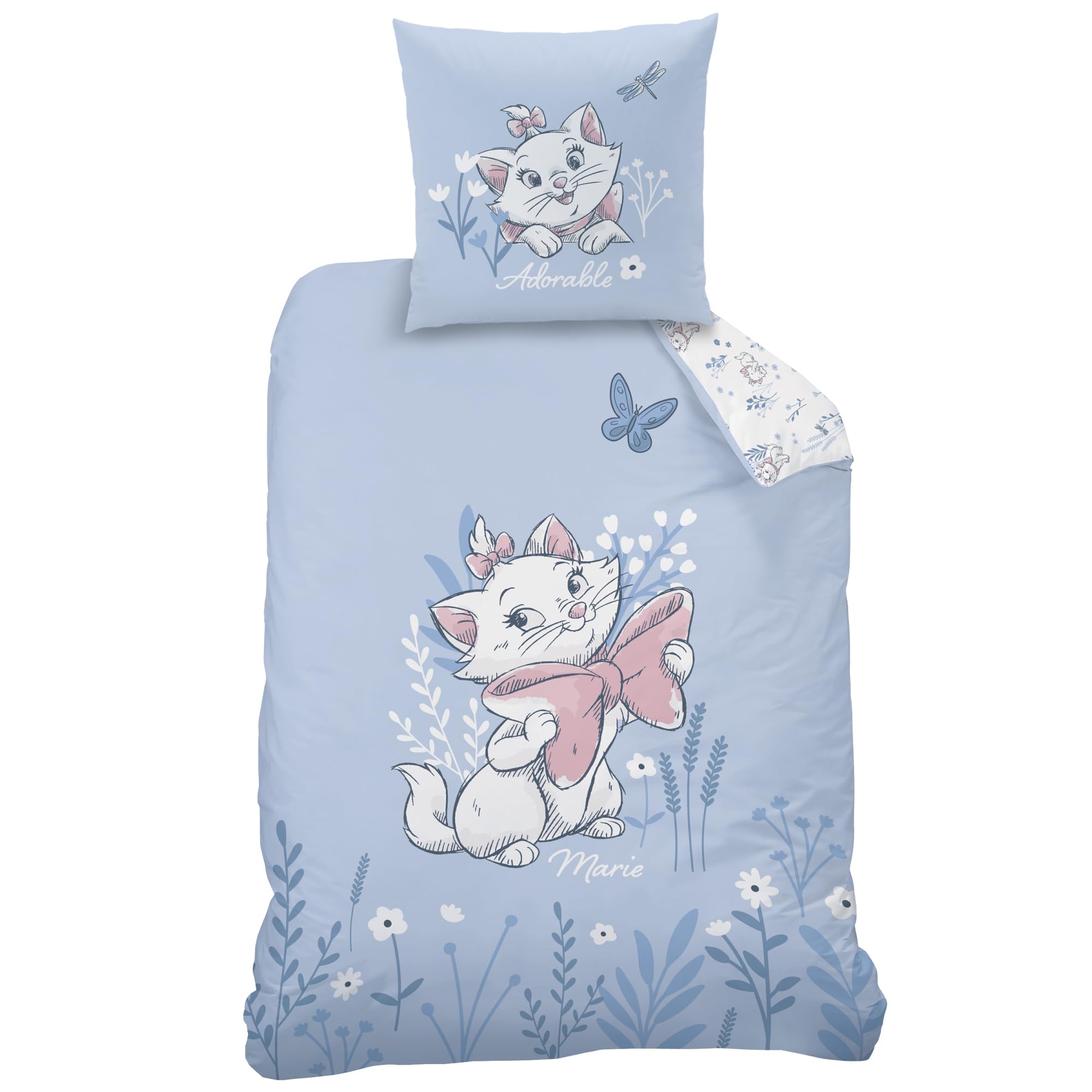 Disney Home Les ARISTOCHATS Spring - Juego de cama infantil (1 persona), 100% algodón, OEKO-TEX | Funda nórdica de 140 x 200 cm + funda de almohada de 63 x 63 cm, estampado reversible para niña, color