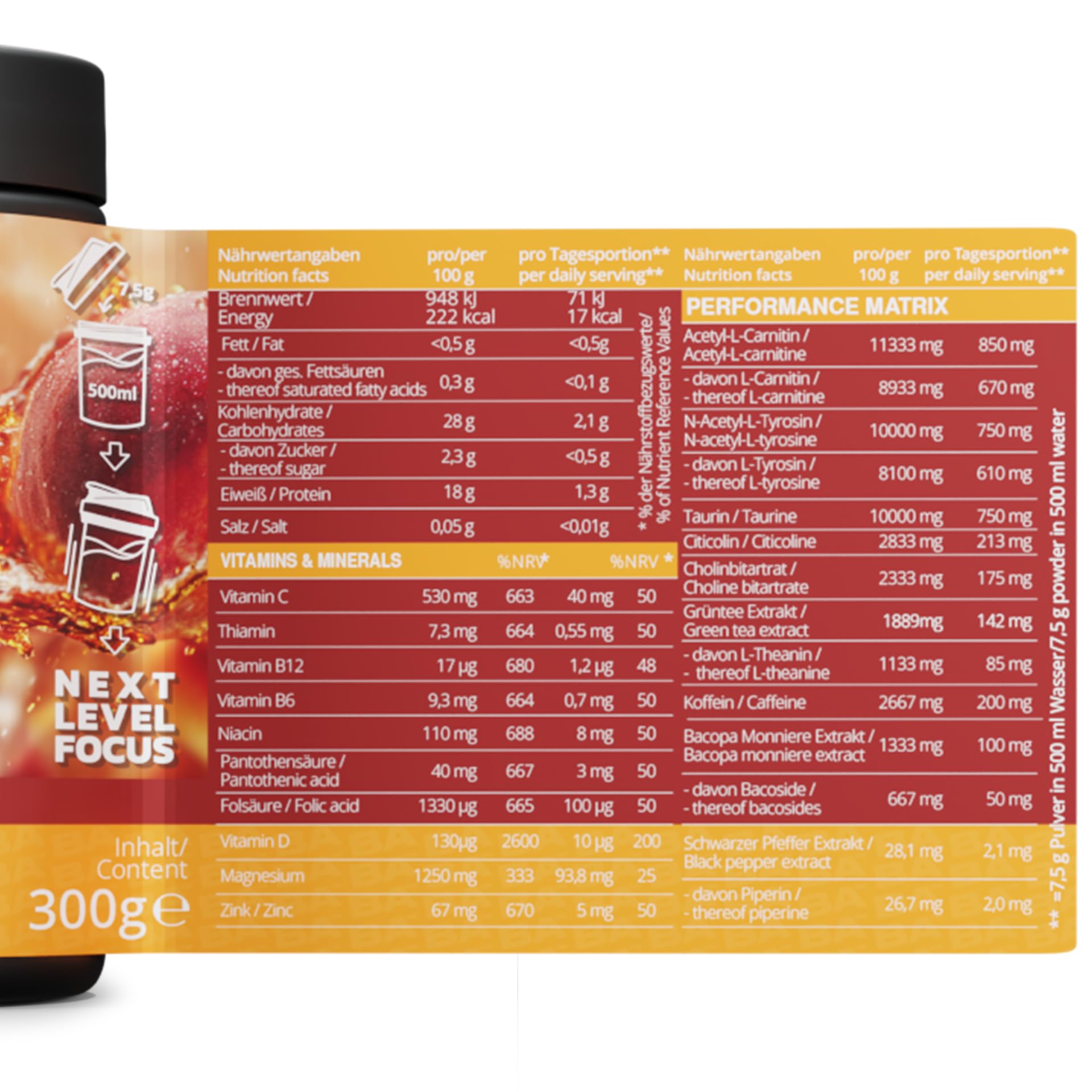 GAME ATTACK Gaming Booster - Ice Tea Peach - 300 g (40 Portionen) - Energy Drink Pulver für Fokus & Energie - 17 kcal/Portion - 18 Zutaten - geprüfte Qualität - Made in Germany