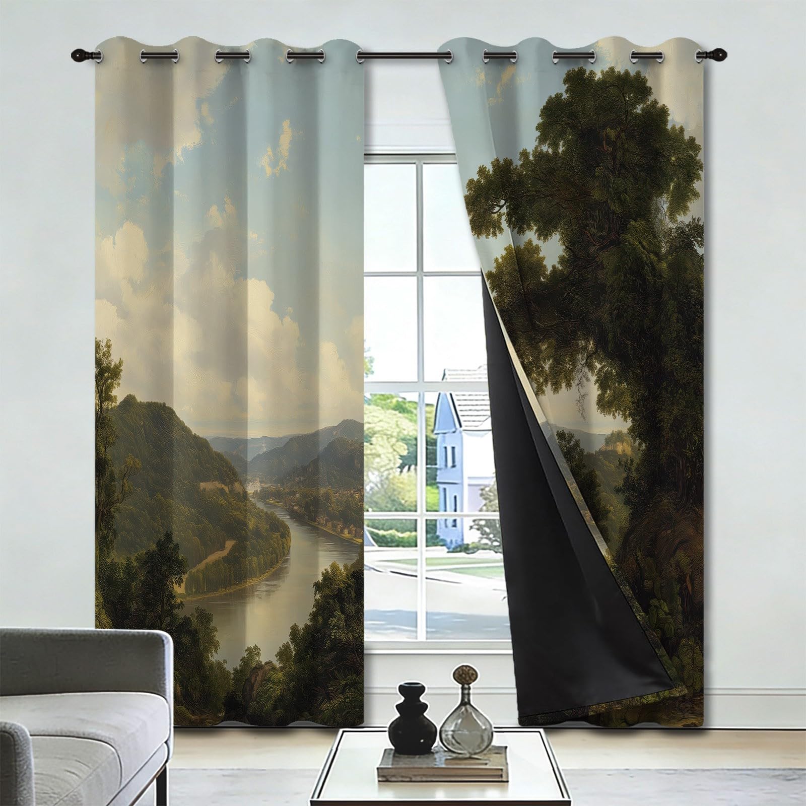 Zasłony zaciemniające z motywem lasu i rzeki górskiej, 117 l x 230 cm, dekoracja okienna do salonu, sypialni, izolacja termiczna, 2 panele