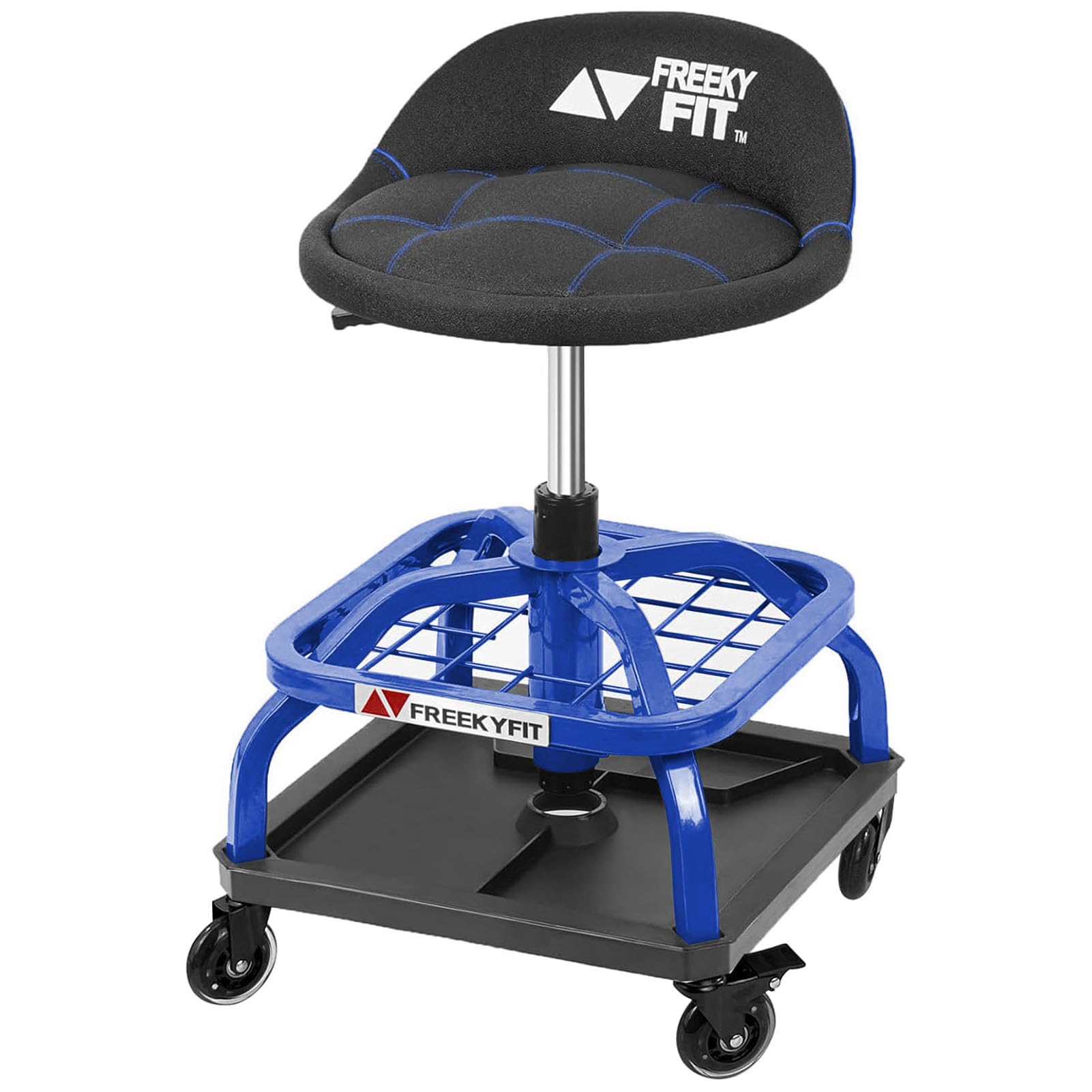 FreekyFit Rolling Shop Stool with Wheels, Garage Work Mechanic Stool with Backrest, Roller Mechanic Chair, Adjustable Height, 360° Swivel, Tool Tray