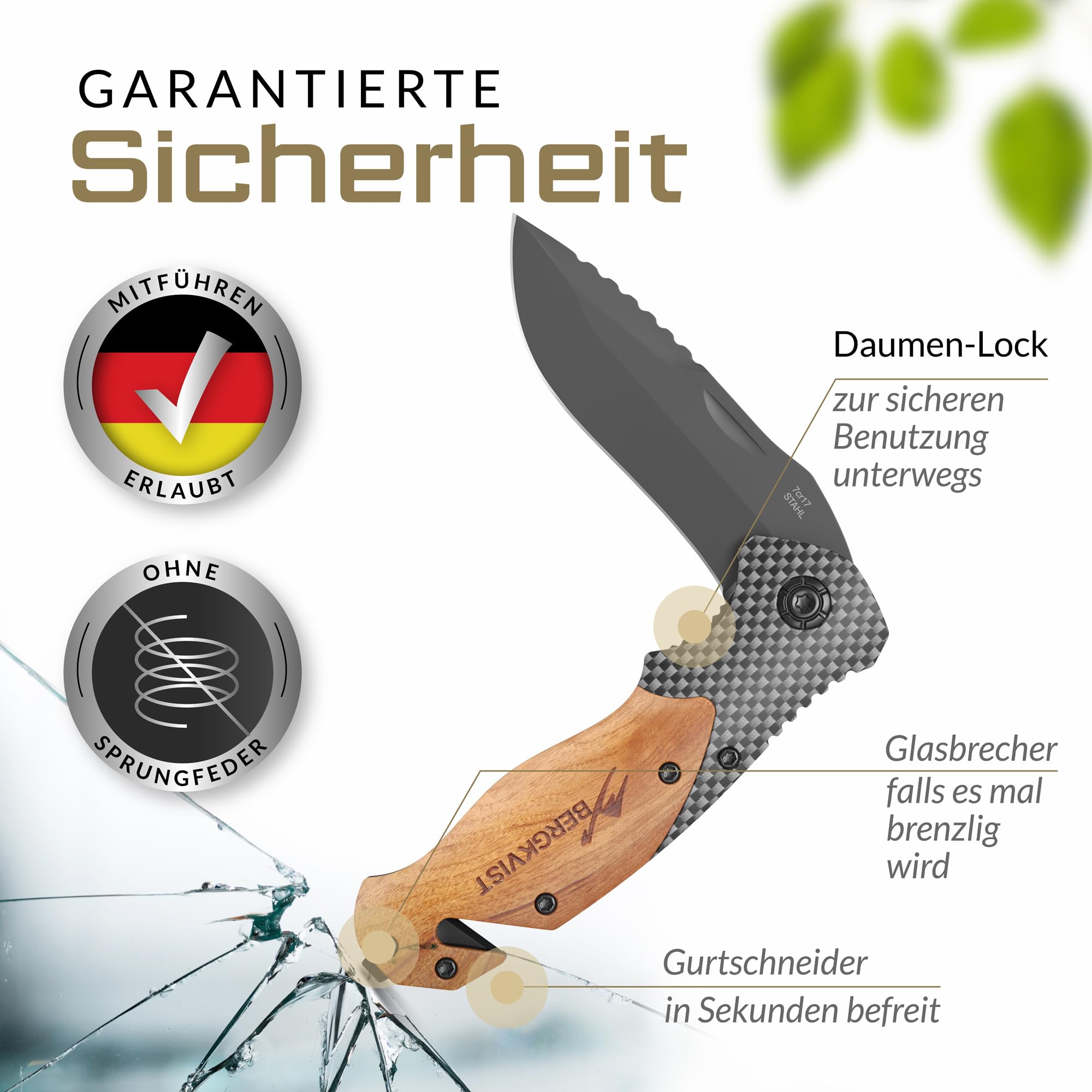 BERGKVIST® K20 Klappmesser für Outdoor & Survival [3-in-1 Zweihandmesser] | scharfes Taschenmesser, Mitführen in Deutschland erlaubt, mit Holzgriff, Glasbrecher, Gurtschneider, Feuerstahl & Tasche