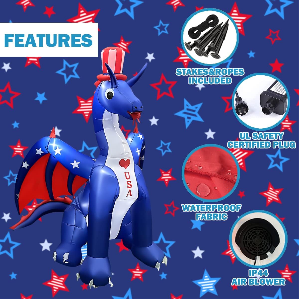 BLOWOUT FUN 8 FT Independence Day Inflatable Dragon with America Style Decorations Patriotic 4th of July for Home Yard Lawn Garden Indoor Outdoor Memorial Day Decor