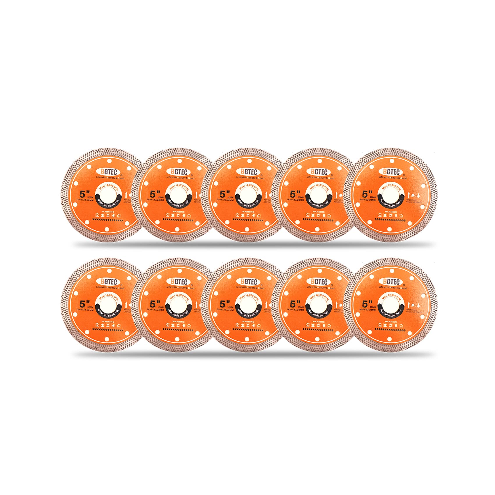 Supercienkie diamentowe ostrze do płytek z krawędzią z siatki, BGTEC 10 szt. 125 mm x trzpień 22,23 mm tarcza do cięcia na sucho lub na mokro porcelana, ceramika, marmur, granit