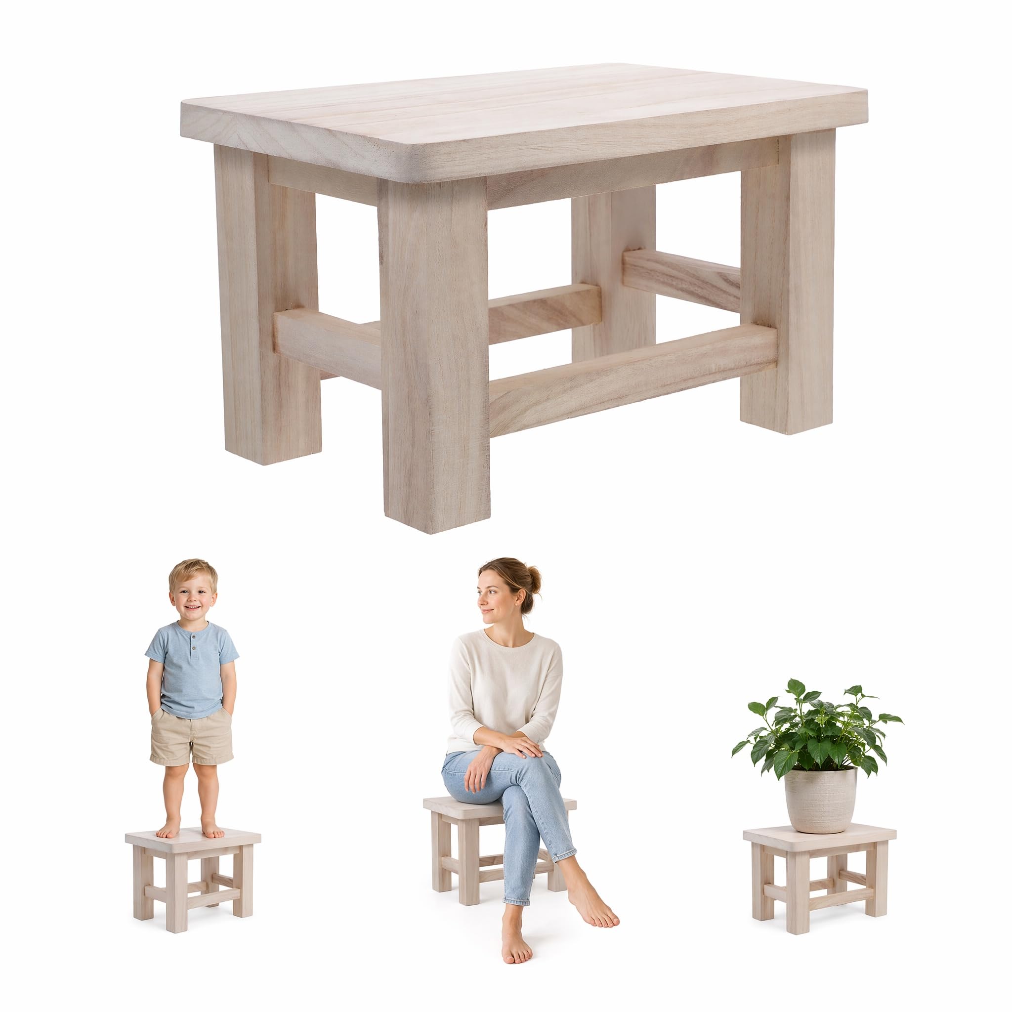 UKCOCO Holzhocker Massivholz 30×20×18 cm – Stabiler Tritthocker für Kinder & Erwachsene zum Händewaschen, Zähneputzen & Schuhwechsel – für Bad, Küche, Flur & als Blumenhocker | Für Bad & Küche, ideal für Kinder zum Zähneputzen, praktisch beim Schuhwechsel