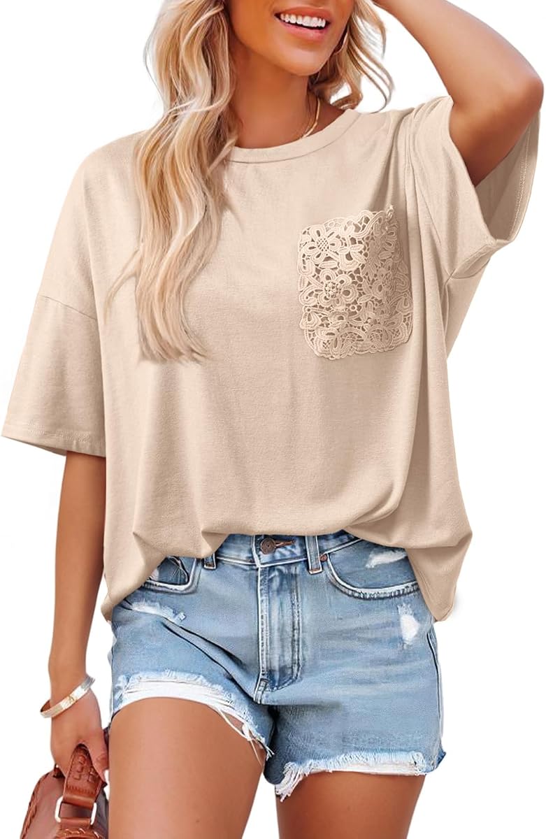 Dokotoo Tops para mujer Verano 2026 Camisetas extragrandes Bolsillos de encaje | Manga corta,Ajuste de gran tamaño,Encaje de ganchillo,Bolsillos de encaje,Color sólido,Estilo de maternidad,Talla grande,Básico casual,Verano ligero