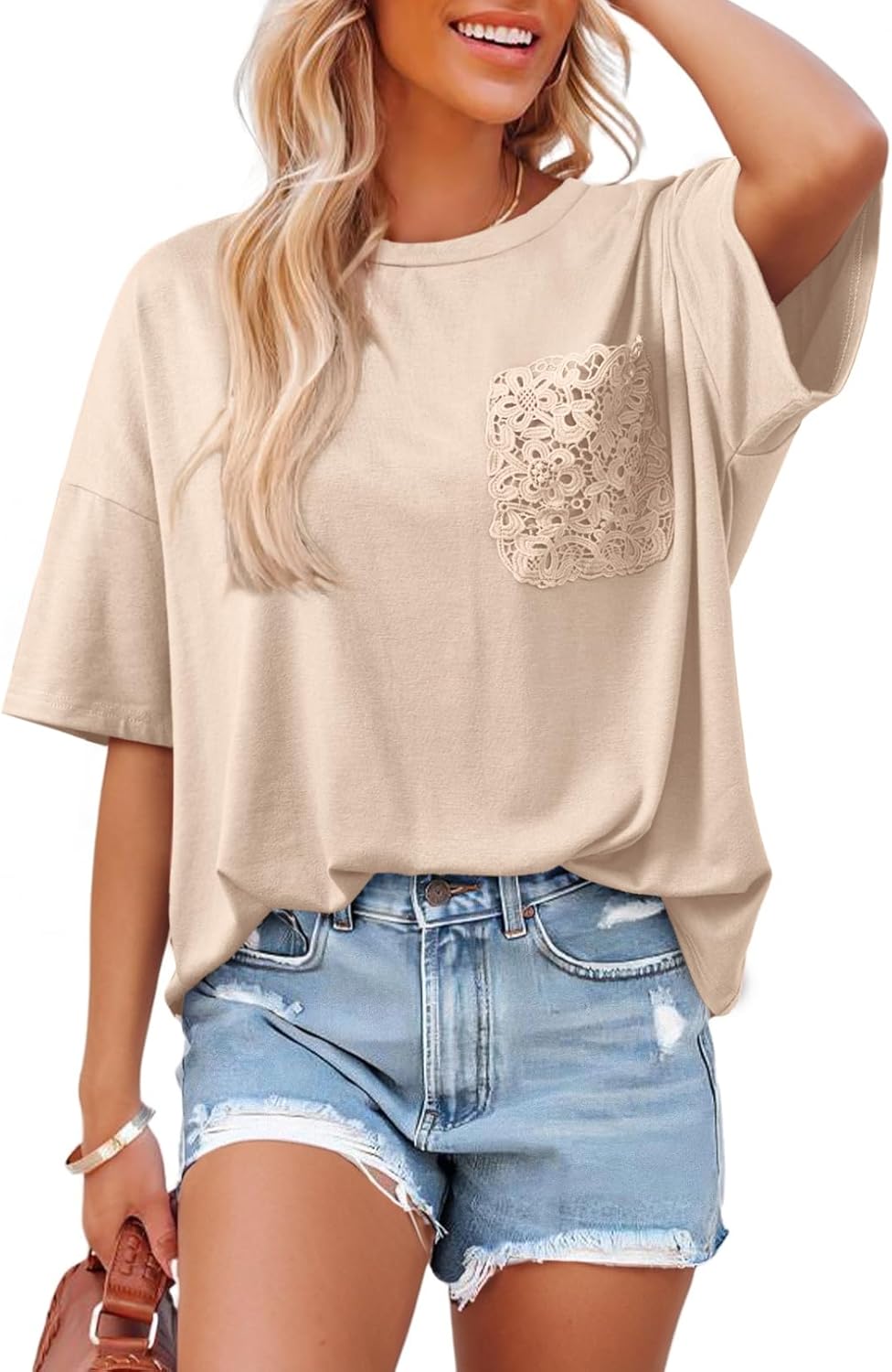 Dokotoo Womens Tops Cute Lace Summer Short Sleeves Oversized Casual T Shirts Lace Pockets