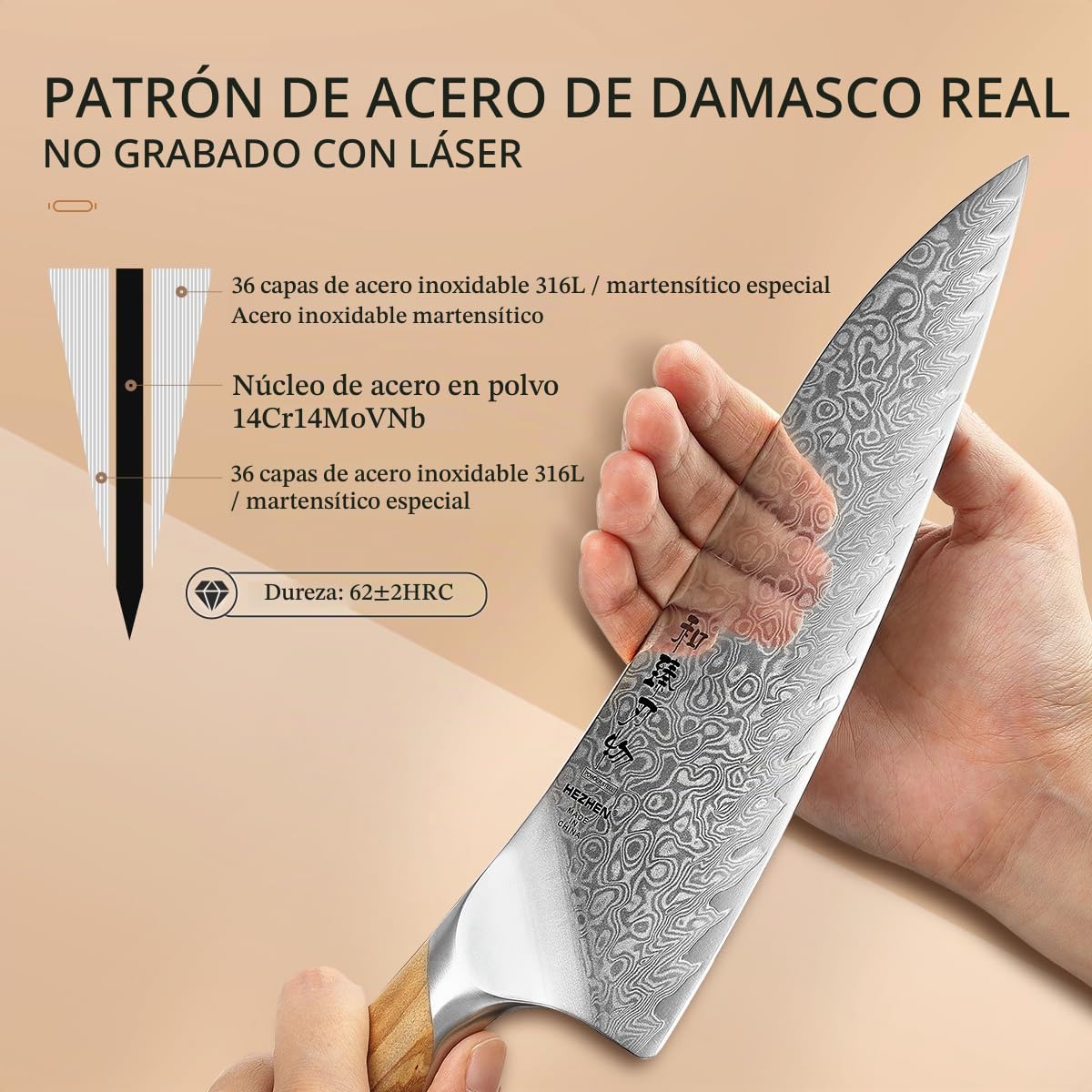 HEZHEN Cuchillo de Cocina Damasco, 21CM Cuchillo Chef de Acero Damasco de 73 Capas, Cuchillo de Cocinero Profesional Mango de Madera de Olivo