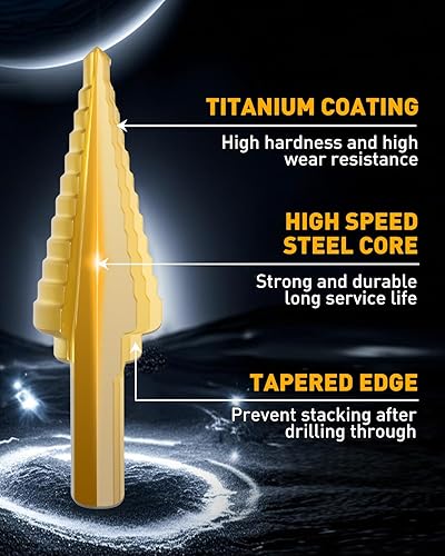 Miniatura 6 de COMOWARE Juego de brocas escalonadas de 5 piezas con revestimiento de titanio con punzón central automático HSS- que cubre 50 tamaños, completo con