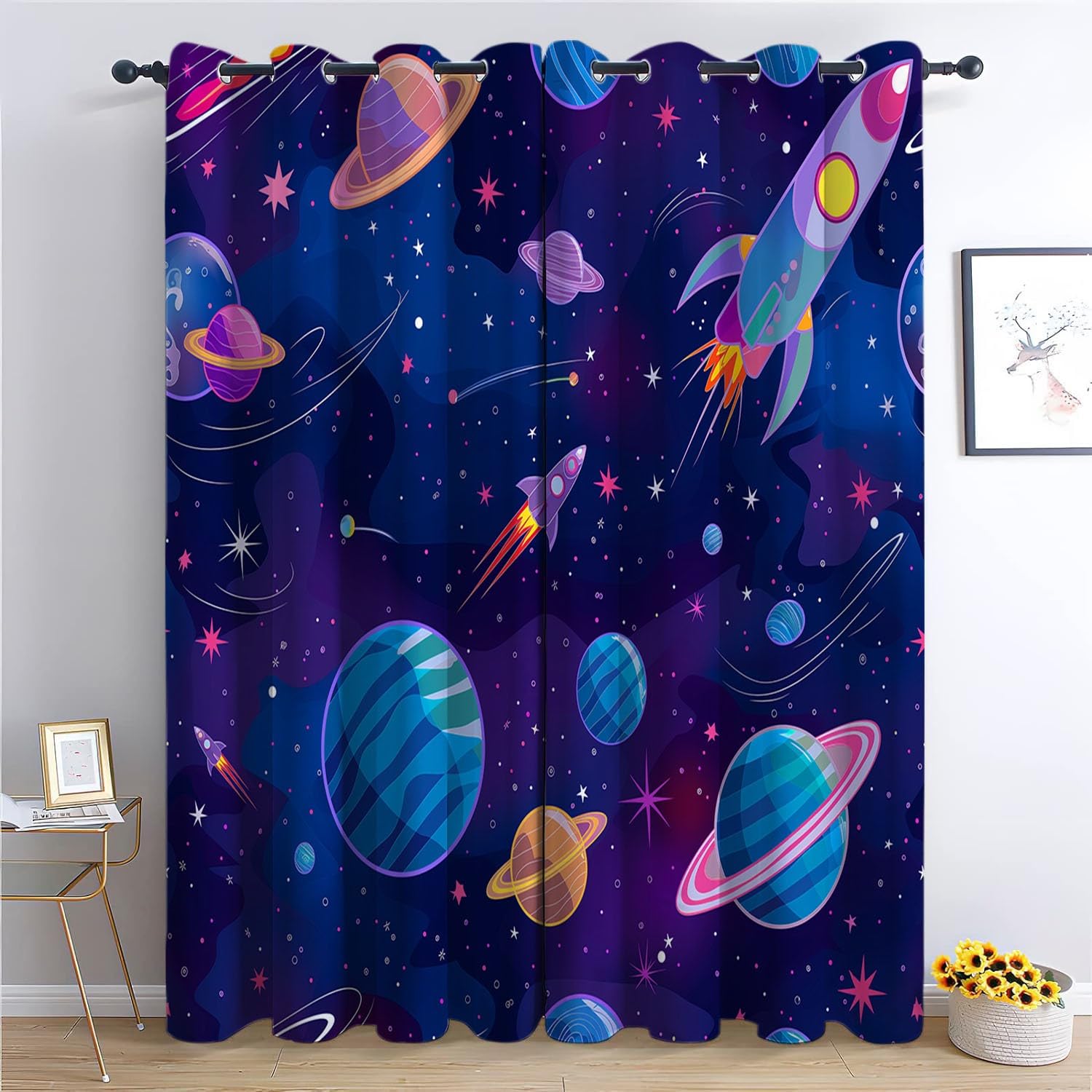 Blackout Curtains for Bedroom Space Starry Galaxy Cartoon Style Theme Grommet Curtains Thermal 2 Panels Drapes Super Soft Noise Reduce Curtains for Kids Playroom Decorations, Unique Design 92 x 54 in