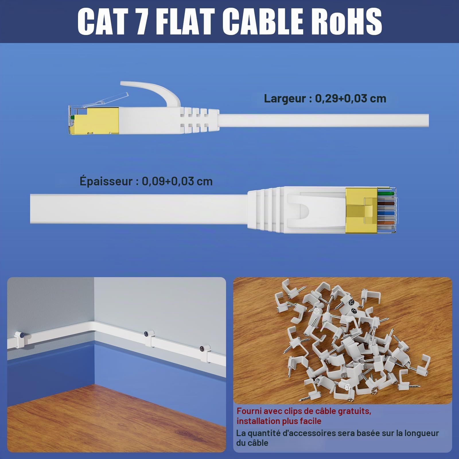 ikbc Cable Ethernet 50m, Cat 7 Cable RJ45 50m Câble Réseau Blindé, Plat Câble Internet Haut Débit 10Gbps 600MHz S/FTP, Long Blanc LAN Extérieur Intérieur Imperméable Pour Routeur Modem PC (50 Clips)